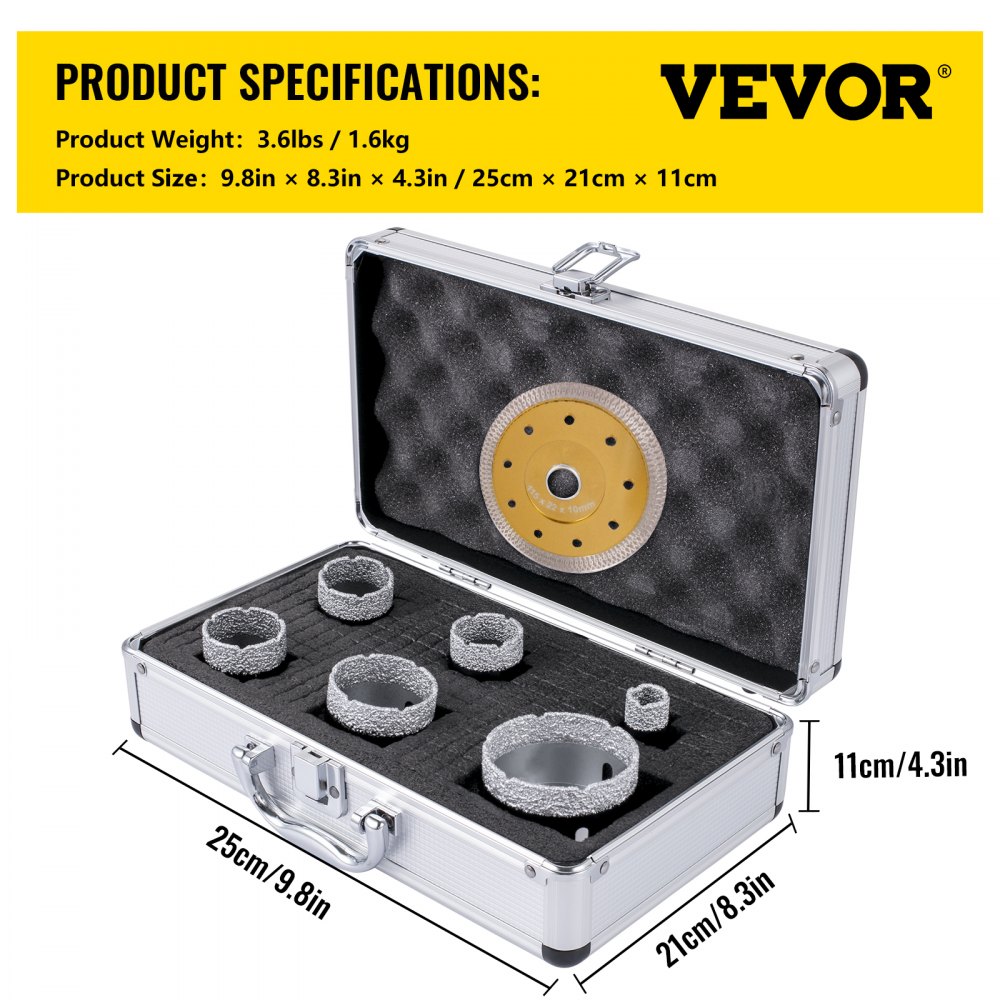 VEVOR Juego de Brocas para Baldosas 6 pcs Diámetro 20/35/38/40/50/68 mm Brocas de Diamante Longitud 60 mm Altura del Segmento 15 mm Juego de Brocas para Perforar Cerámica, Mármol, Mampostería, Granito