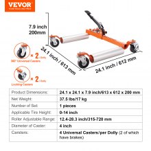 VEVOR Camión de Manipulación de Vehículos Mueve Neumáticos 355,6 mm Carga de 680 kg Pie de Carraca con 4 Ruedas de Bloqueo Gato Hidráulico para Posicionamiento de Vehículos Reparación de Coches