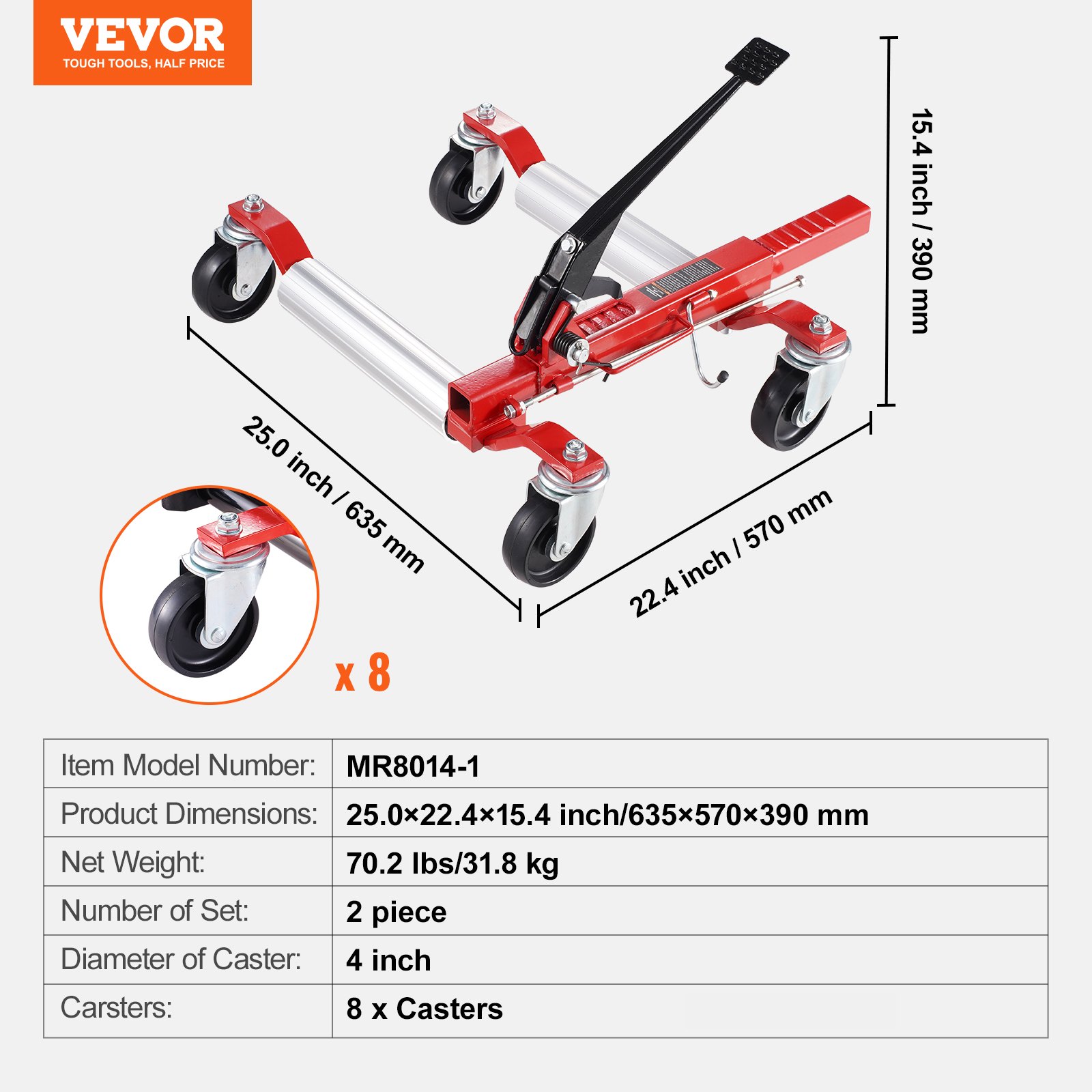 VEVOR Plataforma Rodante para Automóvil con Ruedas, Capacidad Máxima de 680,4 kg, Elevador de Neumáticos para Vehículos de Servicio Pesado para Reparación de Vehículos, Automóviles, 2 Piezas