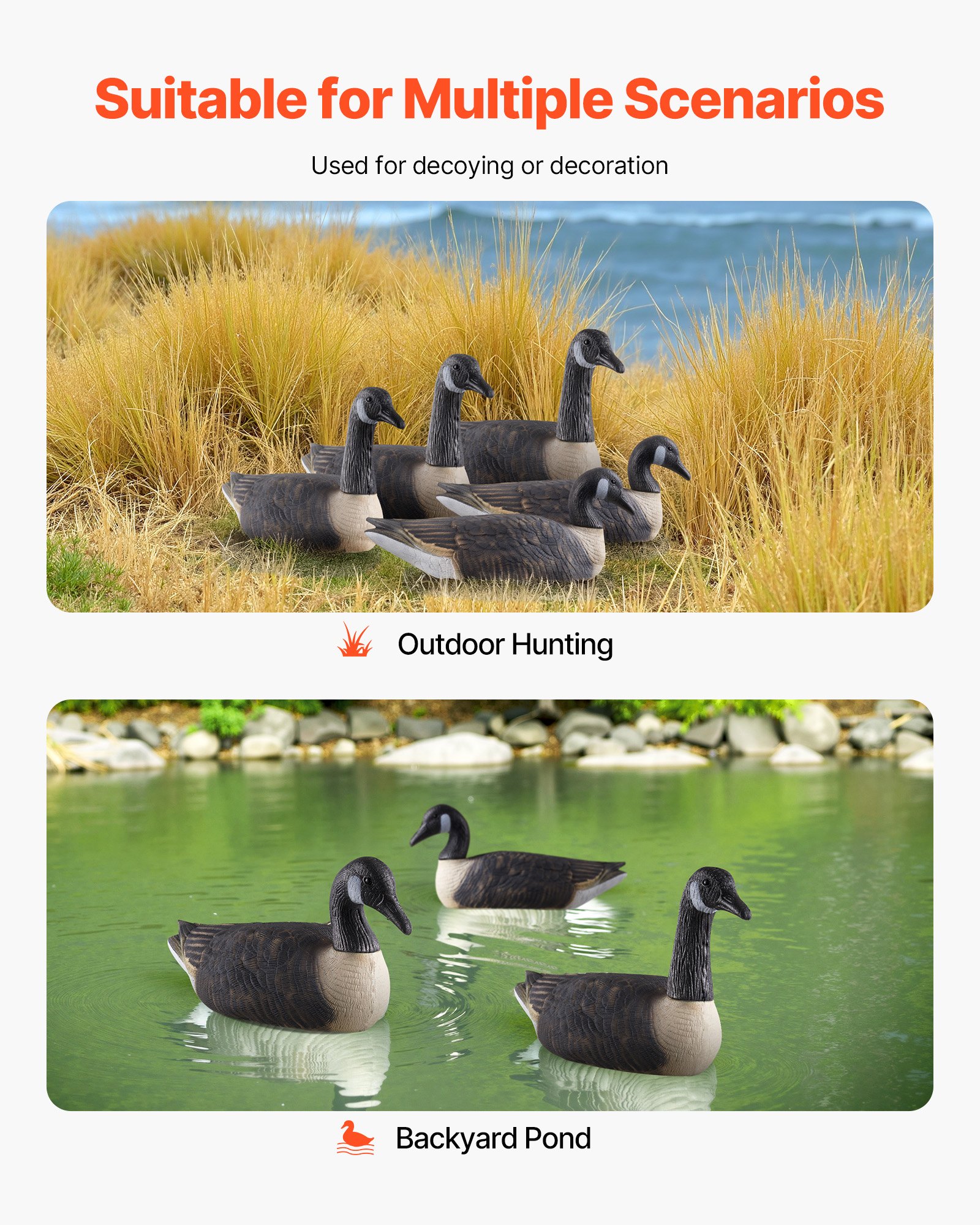 VEVOR Canada Goose Decoys, Outdoors Goose Decoy for Waterfowl Hunting, Impact-Resistant & Silent XPE with Ultra Realistic Paint, for Pool, Pond, Garden Yard Decoration, Easy to Carry and Use, 6-Pack