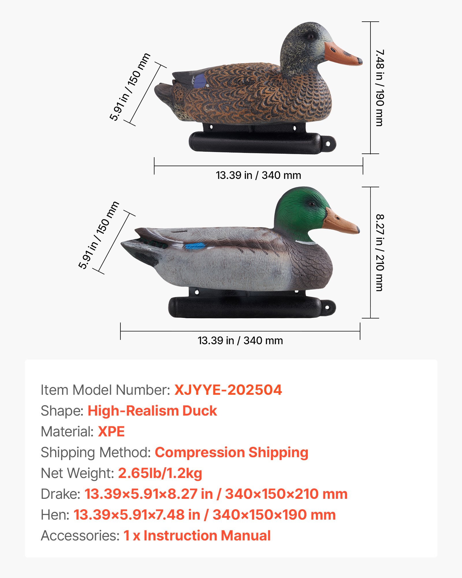 VEVOR Duck Decoys, Realistic Floating Duck Decoys, Weight Forward Swim, Impact-Resistant & Silent XPE Duck Hunting Decoy Outdoor for Hunting, for Pool, Pond, and Lake, Garden Yard Decoration, 6-Pack