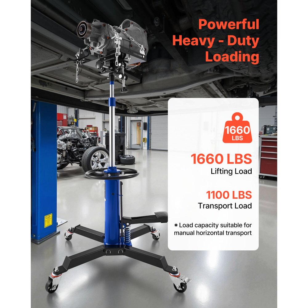 VEVOR Gato Hidráulico de Transmisión para Taller, con Capacidad de Elevación de 750 kg, con Pedal y Rueda Giratoria de 360°, Altura de Elevación de 88-176 cm, para Taller/Garaje, Azul y Negro
