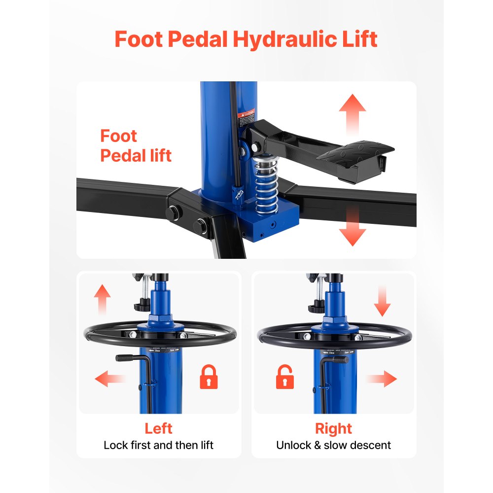 VEVOR Gato Hidráulico de Transmisión para Taller, con Capacidad de Elevación de 750 kg, con Pedal y Rueda Giratoria de 360°, Altura de Elevación de 88-176 cm, para Taller/Garaje, Azul y Negro