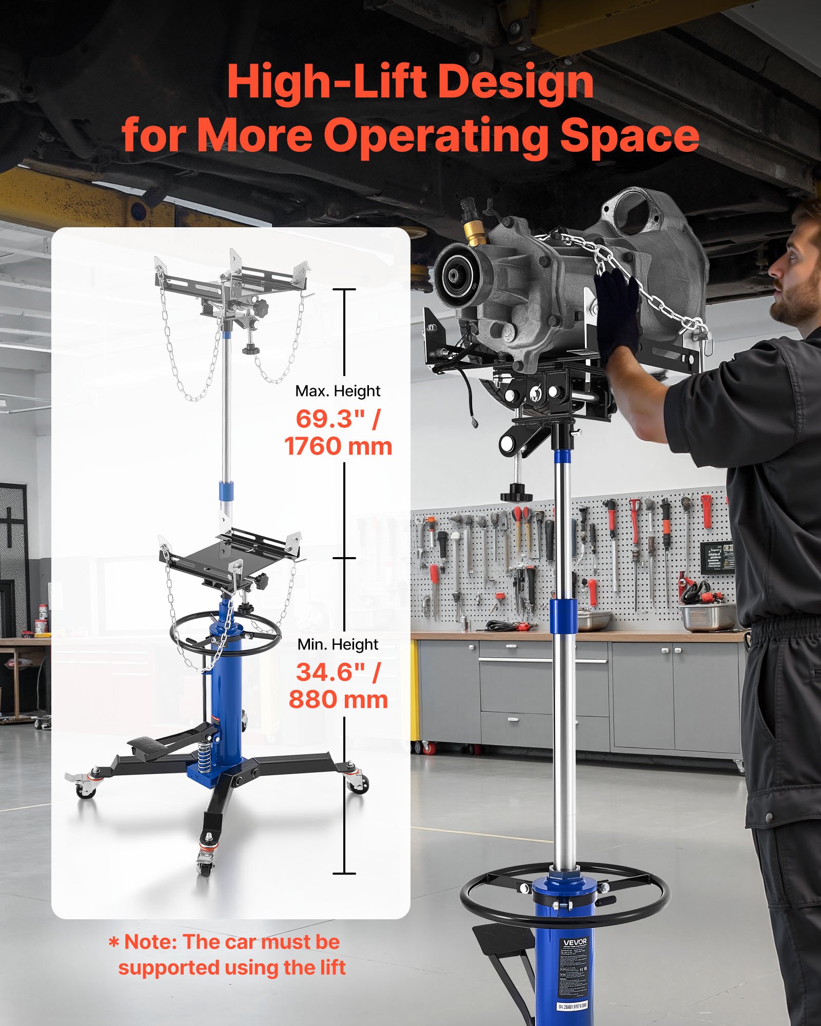 VEVOR Gato Hidráulico de Transmisión para Taller, con Capacidad de Elevación de 750 kg, con Pedal y Rueda Giratoria de 360°, Altura de Elevación de 88-176 cm, para Taller/Garaje, Azul y Negro