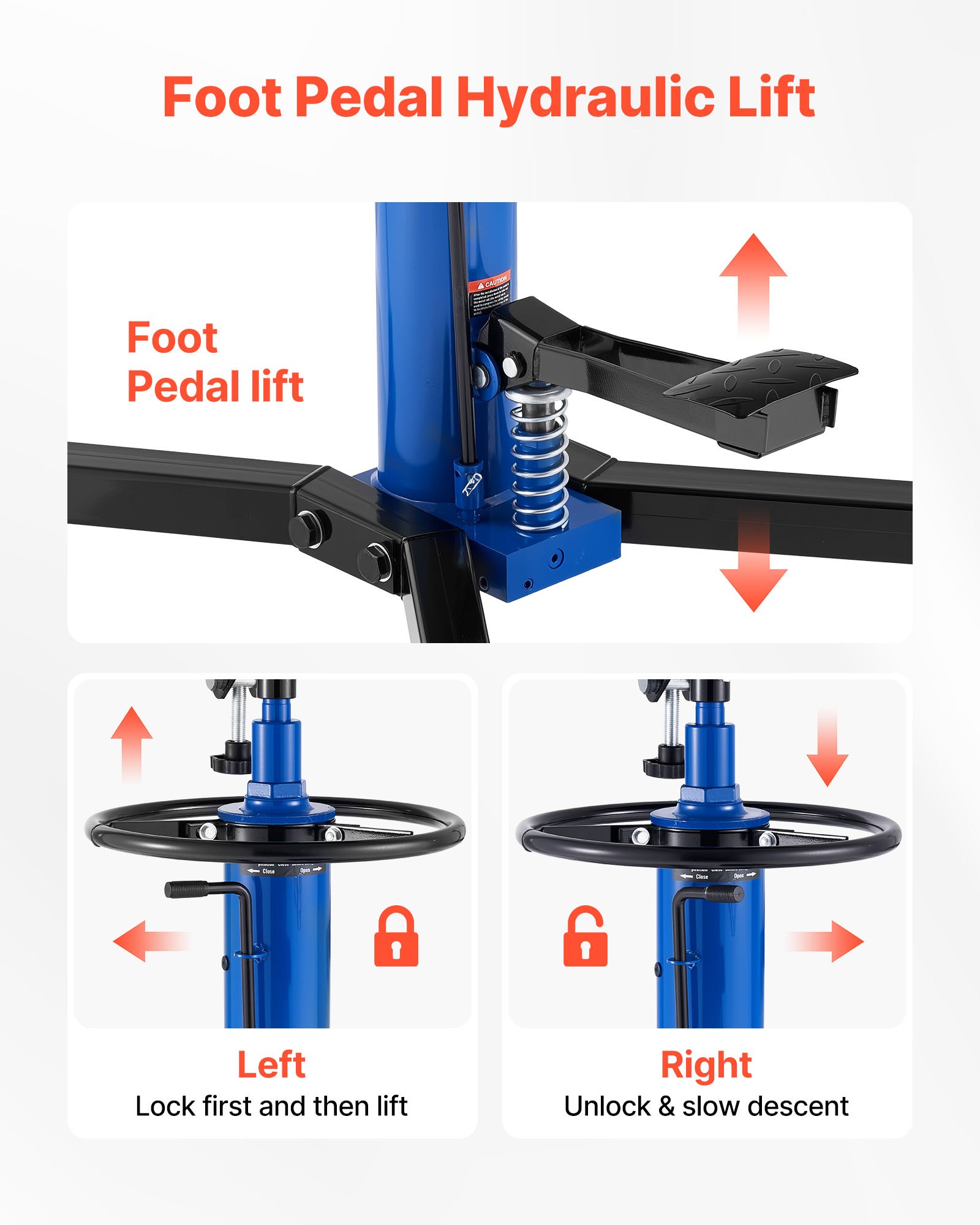 VEVOR Gato Hidráulico de Transmisión para Taller, con Capacidad de Elevación de 750 kg, con Pedal y Rueda Giratoria de 360°, Altura de Elevación de 88-176 cm, para Taller/Garaje, Azul y Negro
