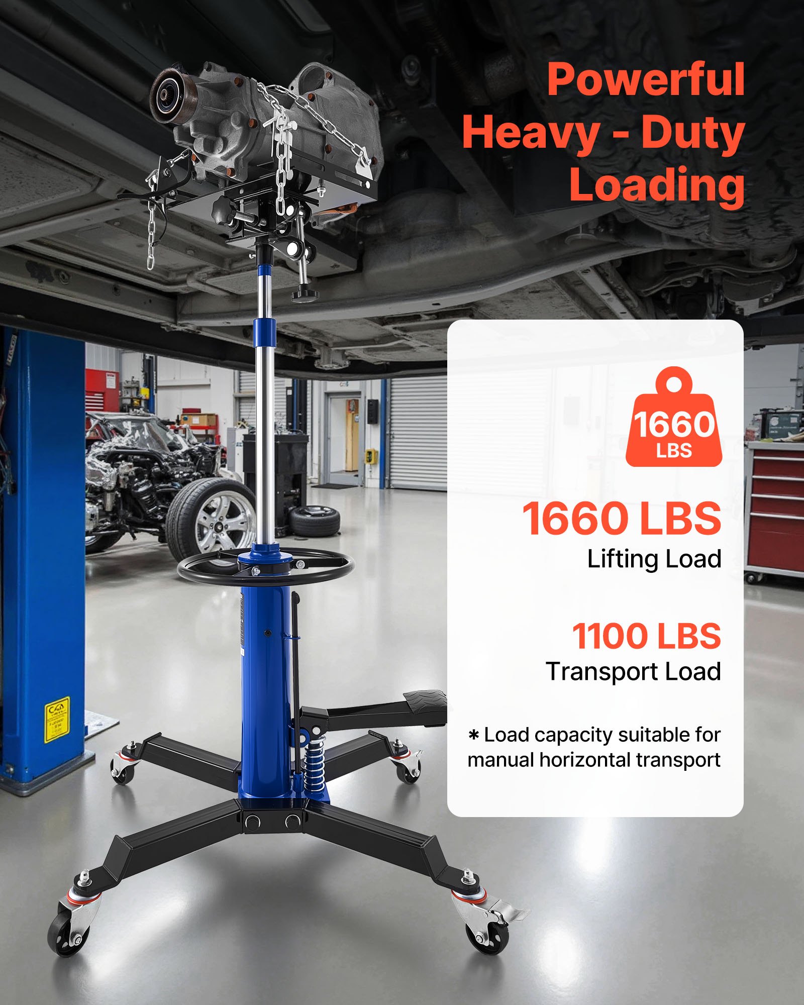 VEVOR Gato Hidráulico de Transmisión para Taller, con Capacidad de Elevación de 750 kg, con Pedal y Rueda Giratoria de 360°, Altura de Elevación de 88-176 cm, para Taller/Garaje, Azul y Negro