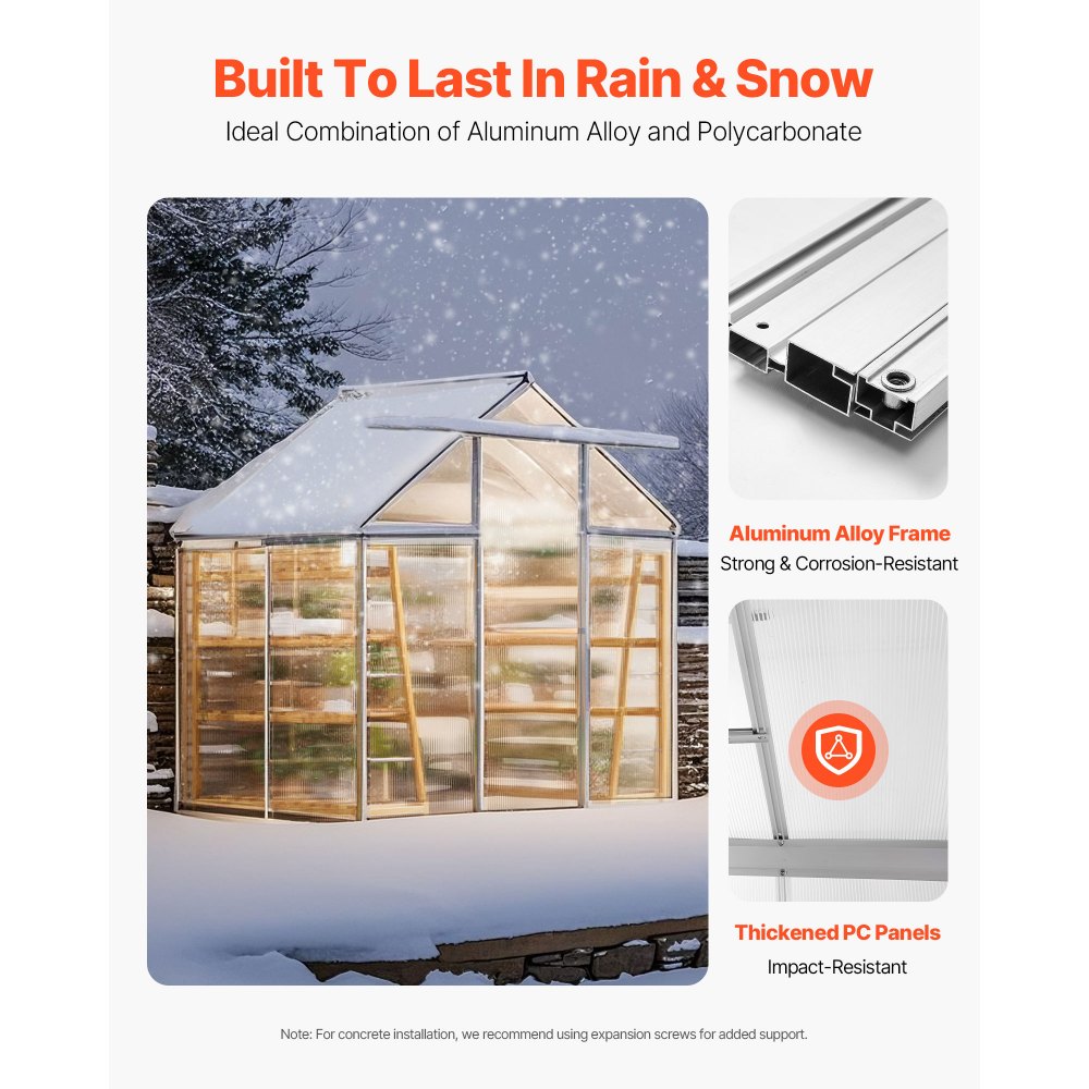 VEVOR Polycarbonate Greenhouse, 184x126x193cm, Plant House with Adjustable Ventilation Windows, Pavilion-Style Greenhouse with Sliding Door, Walk-in Aluminum Greenhouse Set for the Garden