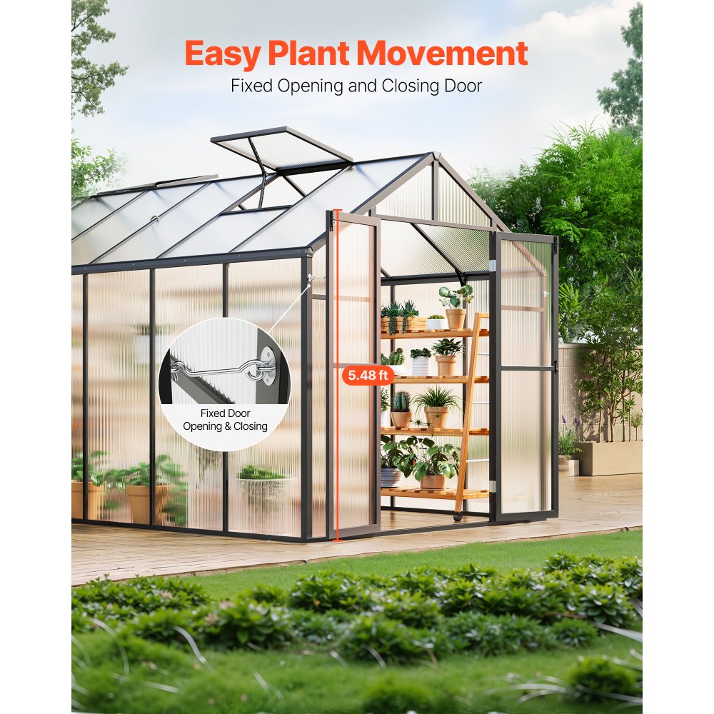 VEVOR Invernadero de Policarbonato de 236 x 346 x 207 cm, Invernadero para Exteriores con 2 Ventanas de Ventilación, Puerta con Bisagras, kit de Invernadero de Aluminio para Jardín y Patio Trasero