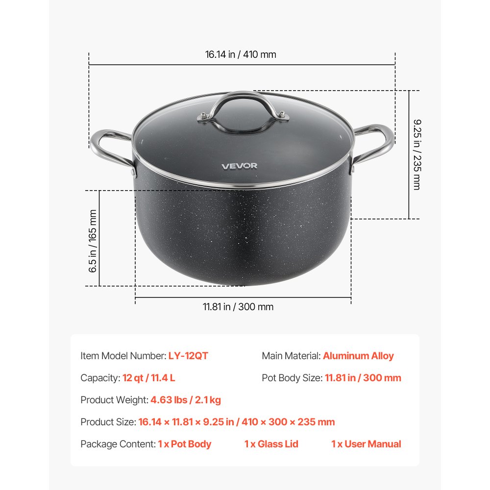 VEVOR Olla de Aleación de Aluminio Capacidad de 11,4 L, Olla con Revestimiento Cerámico, Tapa de Vidrio, Base de 2 Capas y Asas Soldadas Reforzadas, Fácil de Transportar, Ideal para Sopas, Guisos