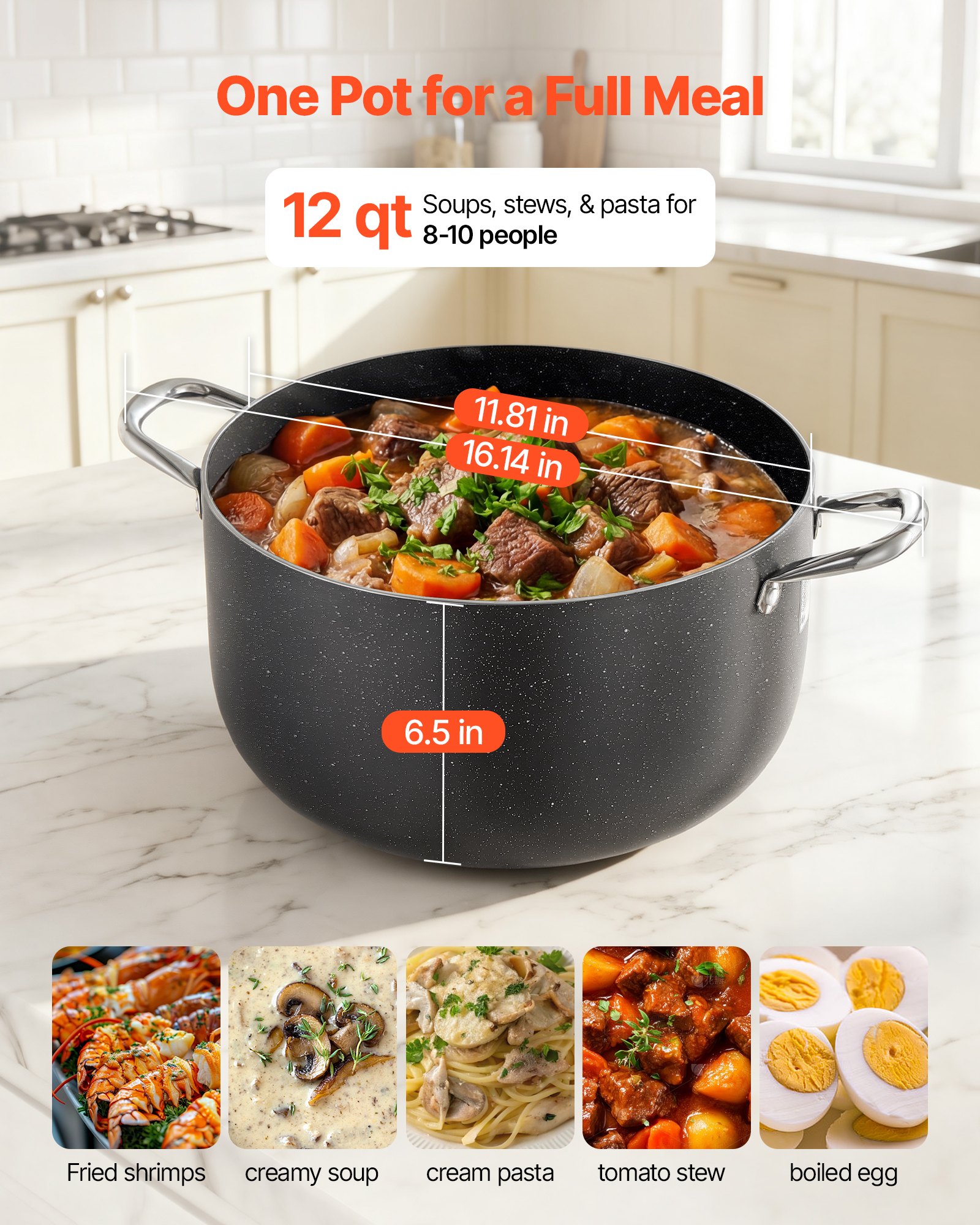 VEVOR Olla de Aleación de Aluminio Capacidad de 11,4 L, Olla con Revestimiento Cerámico, Tapa de Vidrio, Base de 2 Capas y Asas Soldadas Reforzadas, Fácil de Transportar, Ideal para Sopas, Guisos