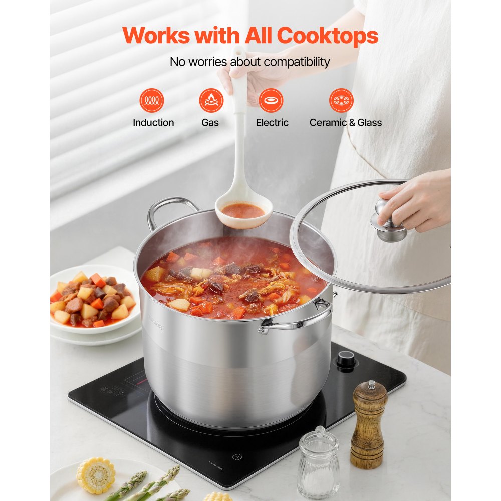 VEVOR Olla de Acero Inoxidable Capacidad de 15,1 L, Olla con Tapa de Vidrio y Asas Diametro de 32 cm, Ligero para Transportar, con Base de 5 Capas, Grande y Resistente, Ideal para Sopas, Guisos