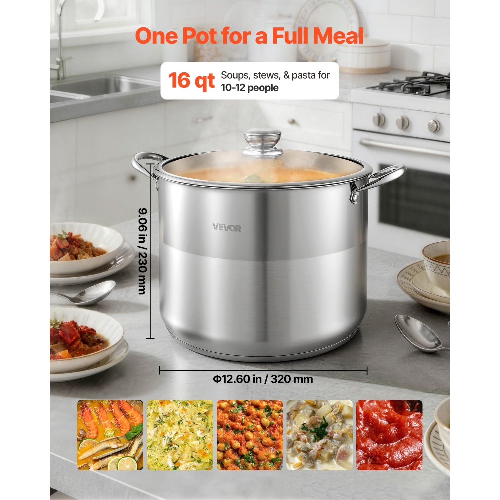 VEVOR Olla de Acero Inoxidable Capacidad de 15,1 L, Olla con Tapa de Vidrio y Asas Diametro de 32 cm, Ligero para Transportar, con Base de 5 Capas, Grande y Resistente, Ideal para Sopas, Guisos