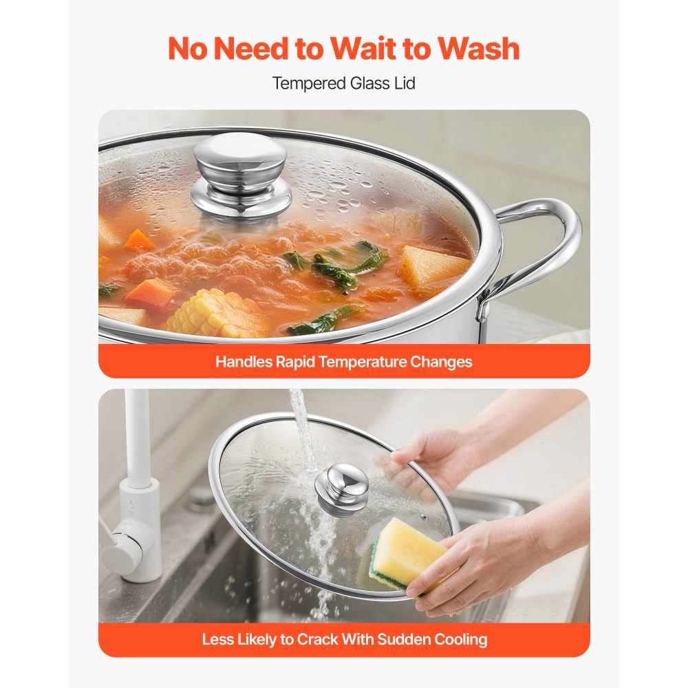VEVOR Olla de Acero Inoxidable Capacidad de 15,1 L, Olla con Tapa de Vidrio y Asas Diametro de 32 cm, Ligero para Transportar, con Base de 5 Capas, Grande y Resistente, Ideal para Sopas, Guisos