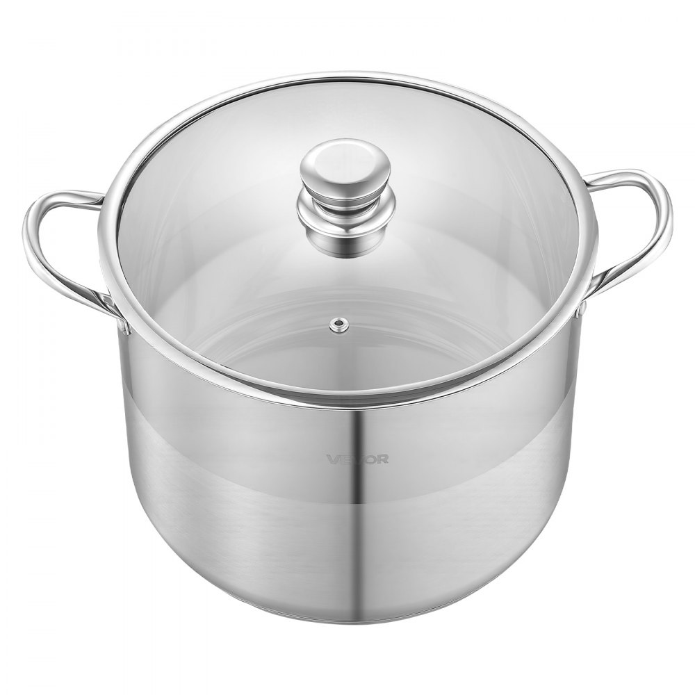 VEVOR Olla de Acero Inoxidable Capacidad de 15,1 L, Olla con Tapa de Vidrio y Asas Diametro de 32 cm, Ligero para Transportar, con Base de 5 Capas, Grande y Resistente, Ideal para Sopas, Guisos