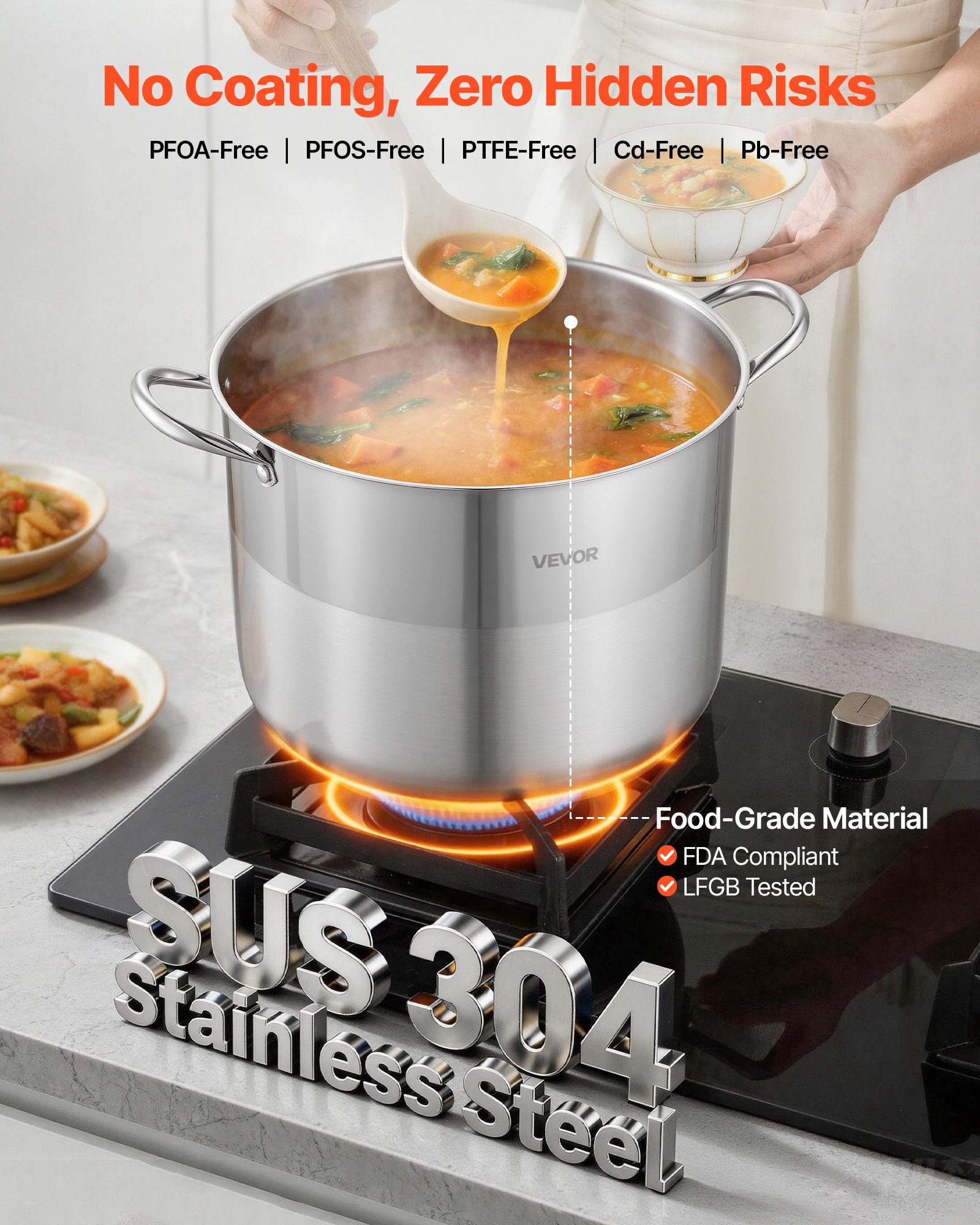 VEVOR Olla de Acero Inoxidable Capacidad de 15,1 L, Olla con Tapa de Vidrio y Asas Diametro de 32 cm, Ligero para Transportar, con Base de 5 Capas, Grande y Resistente, Ideal para Sopas, Guisos