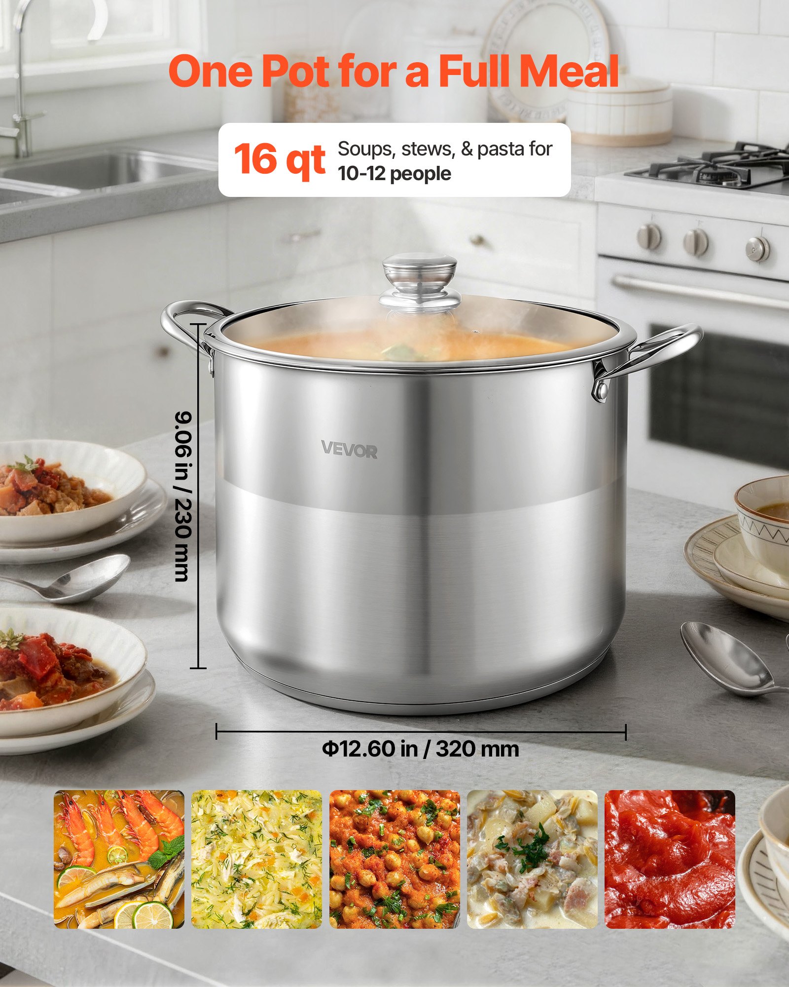 VEVOR Olla de Acero Inoxidable Capacidad de 15,1 L, Olla con Tapa de Vidrio y Asas Diametro de 32 cm, Ligero para Transportar, con Base de 5 Capas, Grande y Resistente, Ideal para Sopas, Guisos