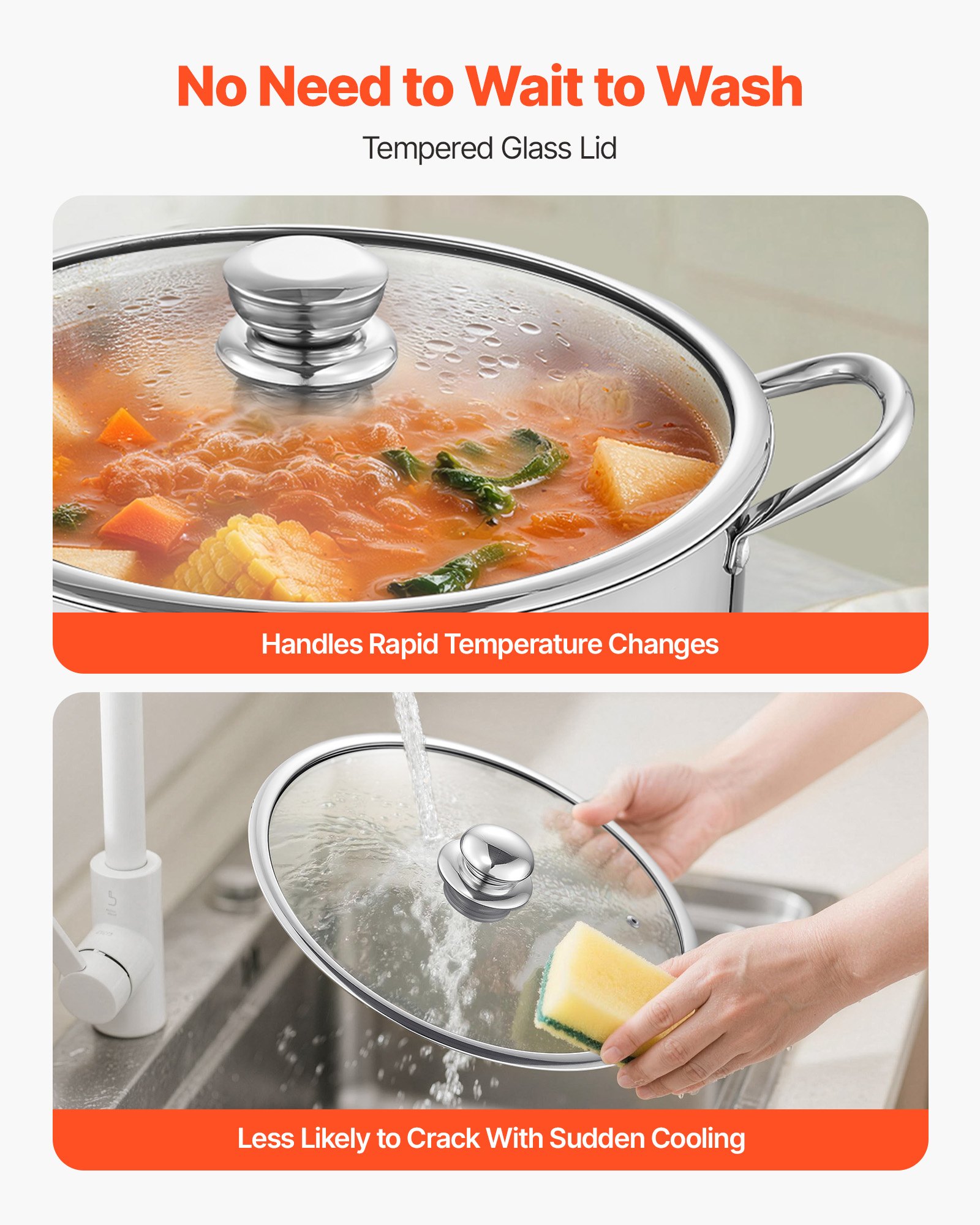 VEVOR Olla de Acero Inoxidable Capacidad de 15,1 L, Olla con Tapa de Vidrio y Asas Diametro de 32 cm, Ligero para Transportar, con Base de 5 Capas, Grande y Resistente, Ideal para Sopas, Guisos