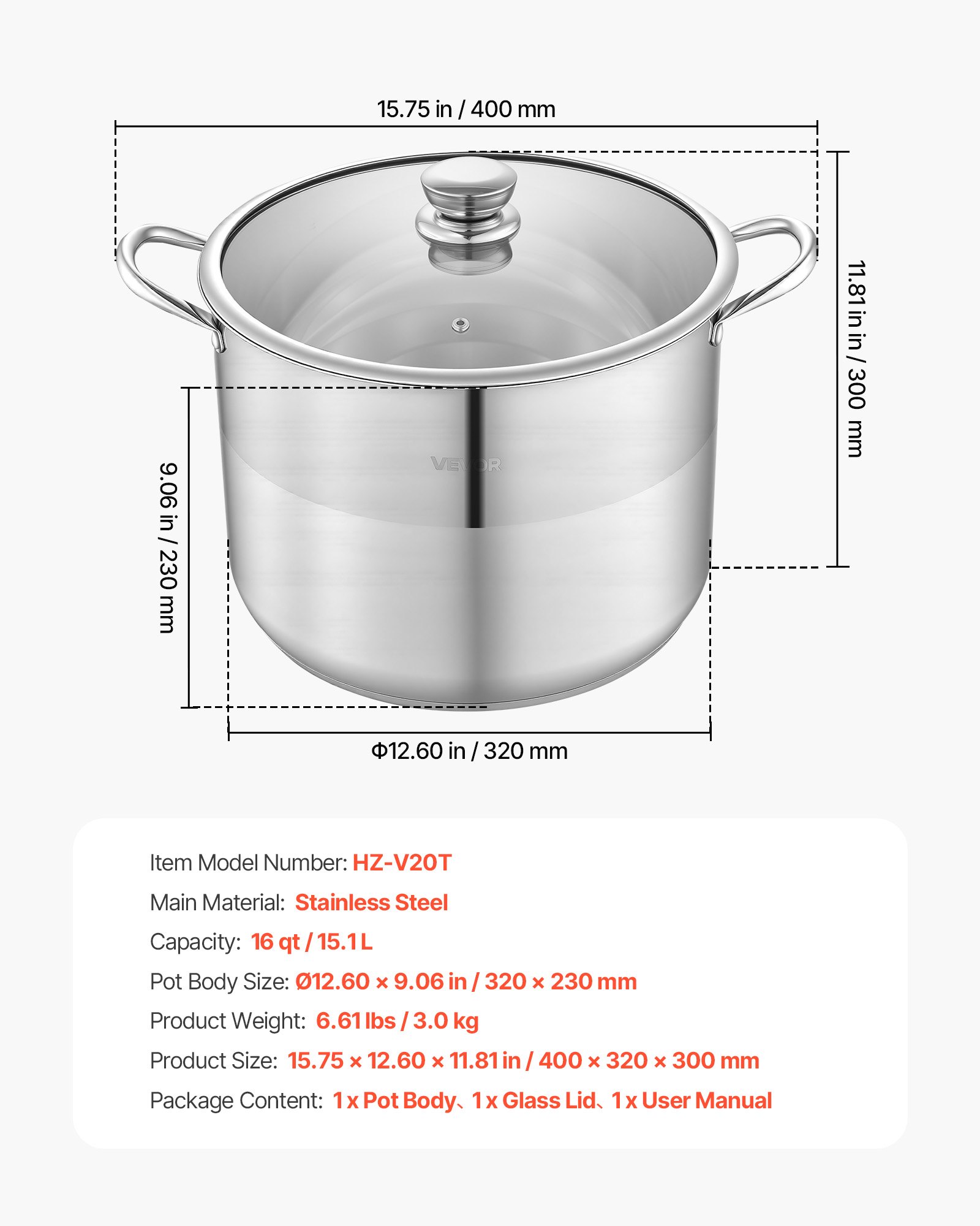 VEVOR Olla de Acero Inoxidable Capacidad de 15,1 L, Olla con Tapa de Vidrio y Asas Diametro de 32 cm, Ligero para Transportar, con Base de 5 Capas, Grande y Resistente, Ideal para Sopas, Guisos