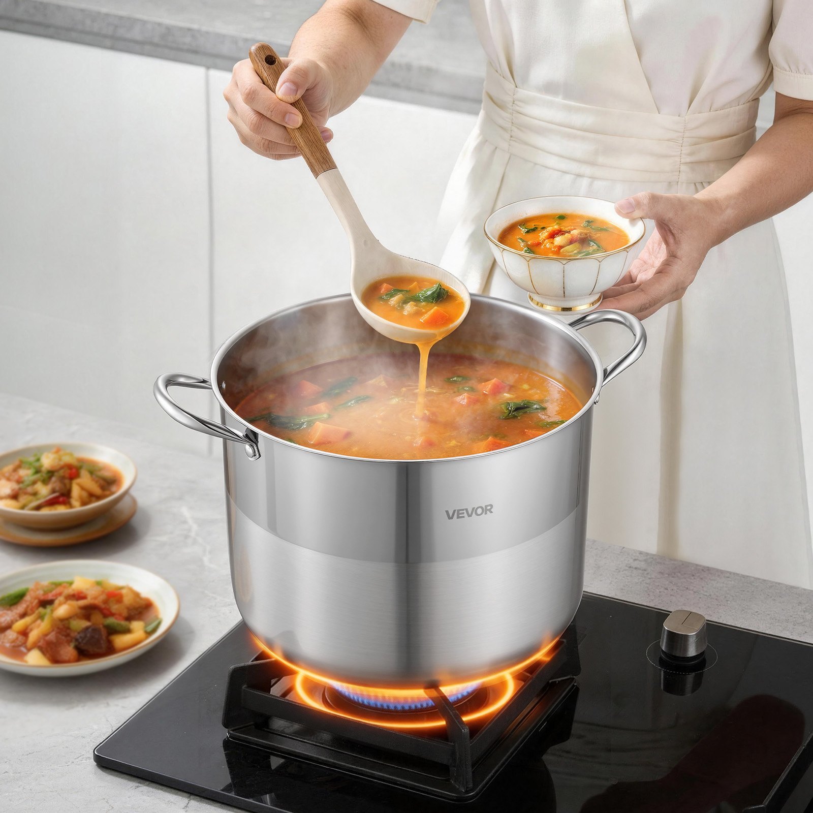 VEVOR Olla de Acero Inoxidable Capacidad de 15,1 L, Olla con Tapa de Vidrio y Asas Diametro de 32 cm, Ligero para Transportar, con Base de 5 Capas, Grande y Resistente, Ideal para Sopas, Guisos