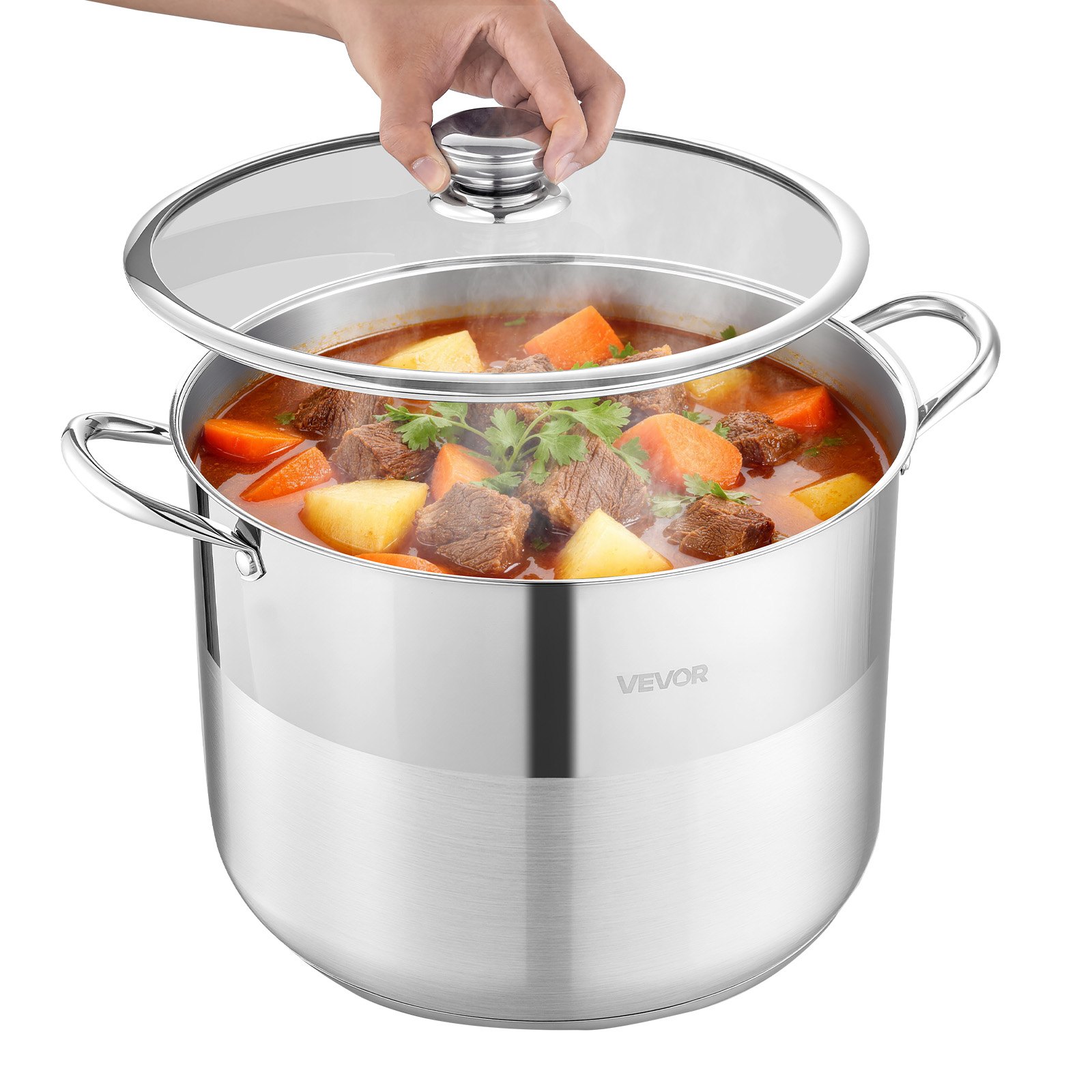 VEVOR Olla de Acero Inoxidable Capacidad de 15,1 L, Olla con Tapa de Vidrio y Asas Diametro de 32 cm, Ligero para Transportar, con Base de 5 Capas, Grande y Resistente, Ideal para Sopas, Guisos
