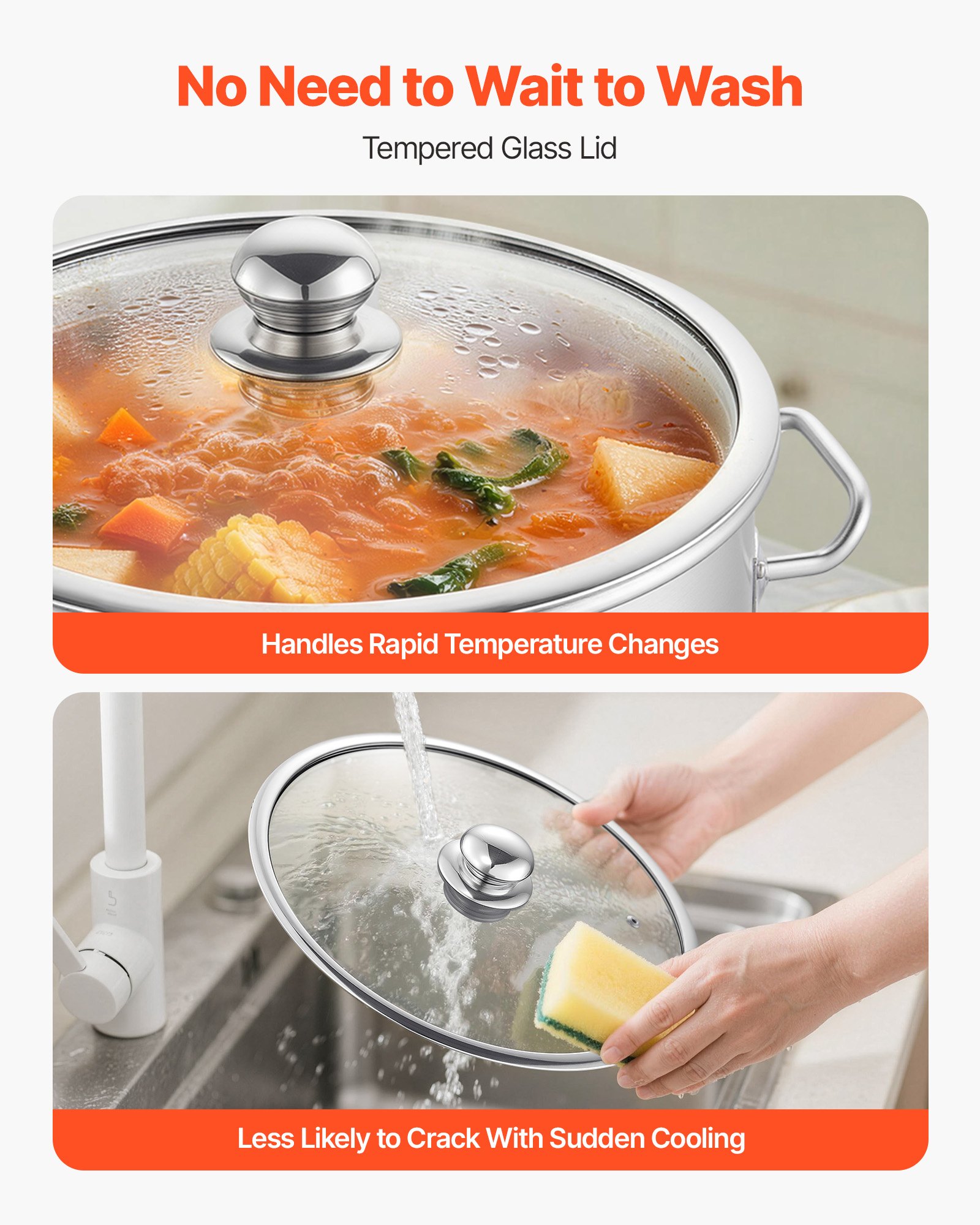 VEVOR Olla de Acero Inoxidable Capacidad de 19,9 L, Olla con Tapa de Vidrio y Asas Diametro Interno de 30 cm, Ligero para Transportar, Base de 3 Capas, Grande y Resistente, Ideal para Sopas, Guisos