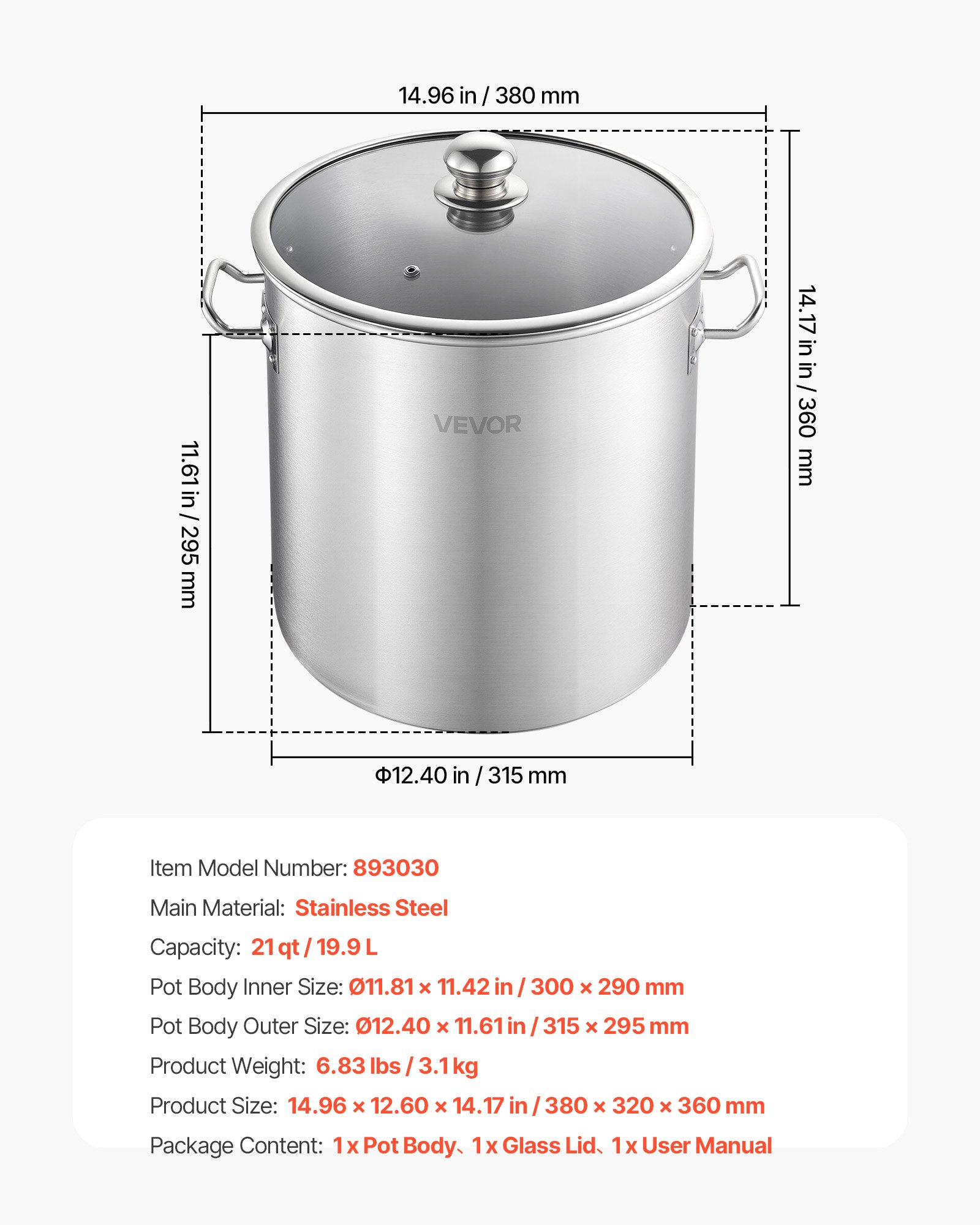 VEVOR Olla de Acero Inoxidable Capacidad de 19,9 L, Olla con Tapa de Vidrio y Asas Diametro Interno de 30 cm, Ligero para Transportar, Base de 3 Capas, Grande y Resistente, Ideal para Sopas, Guisos