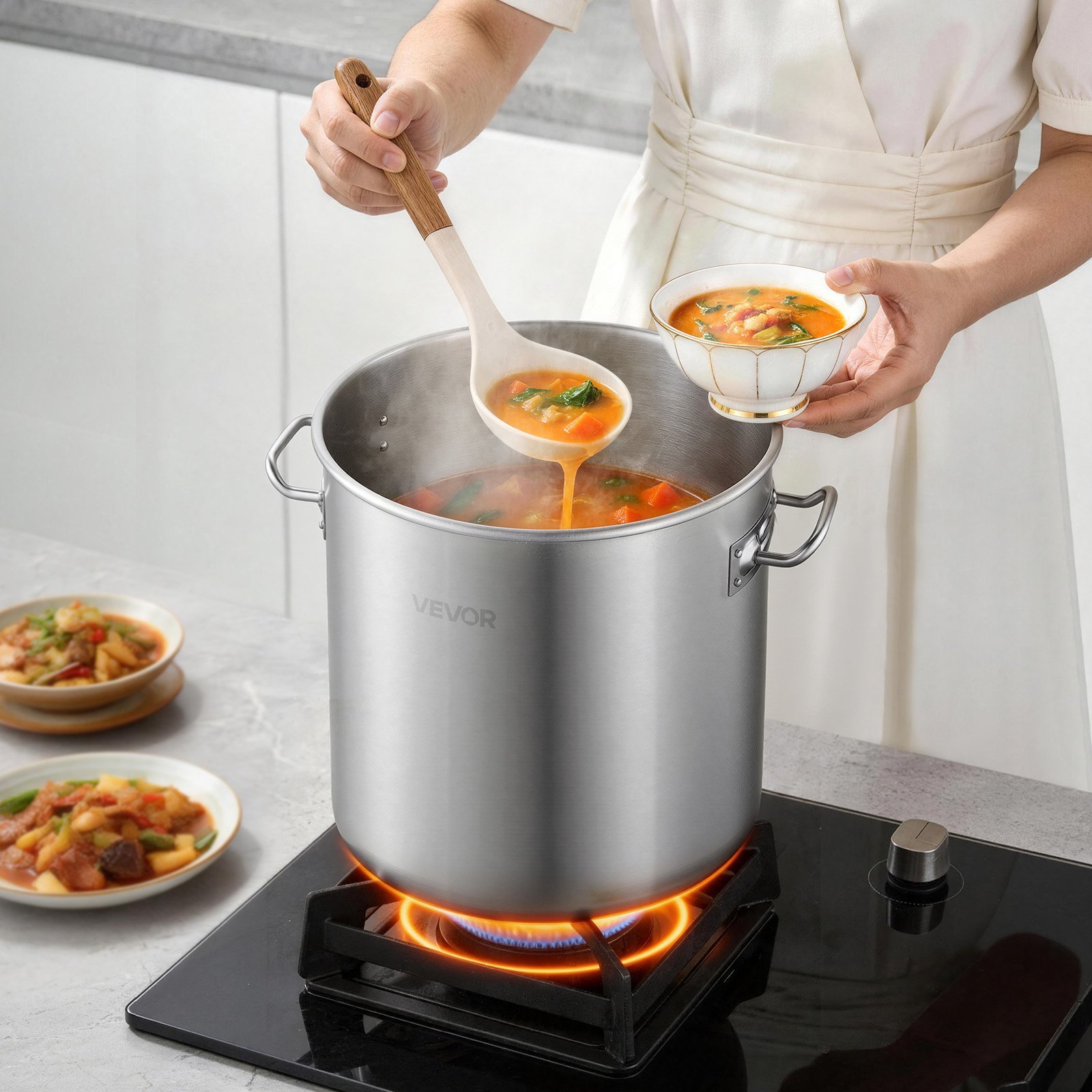 VEVOR Olla de Acero Inoxidable Capacidad de 19,9 L, Olla con Tapa de Vidrio y Asas Diametro Interno de 30 cm, Ligero para Transportar, Base de 3 Capas, Grande y Resistente, Ideal para Sopas, Guisos