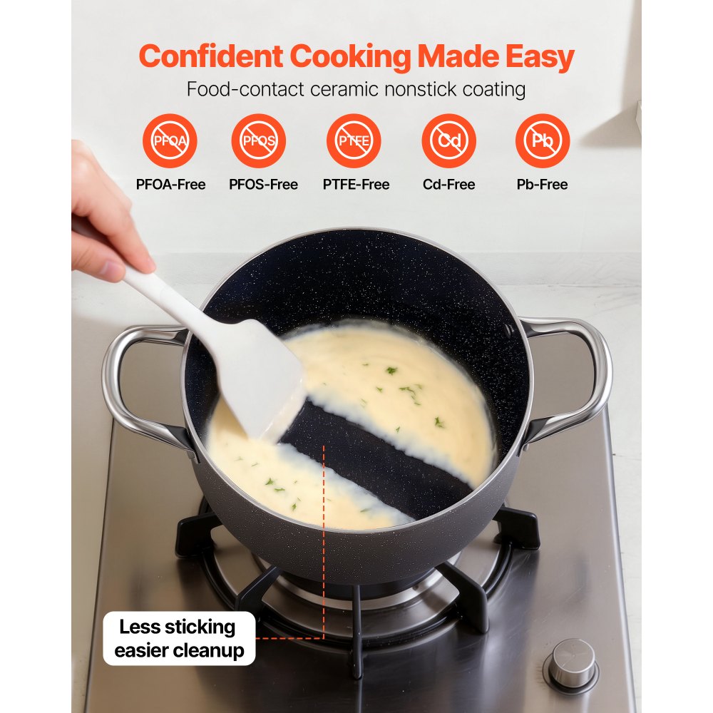 VEVOR Olla de Aleación de Aluminio Capacidad de 5,7 L, Olla con Revestimiento Cerámico, Tapa de Vidrio, Base de 2 Capas y Asas Soldadas Reforzadas, Fácil de Transportar, Ideal para Sopas, Guisos
