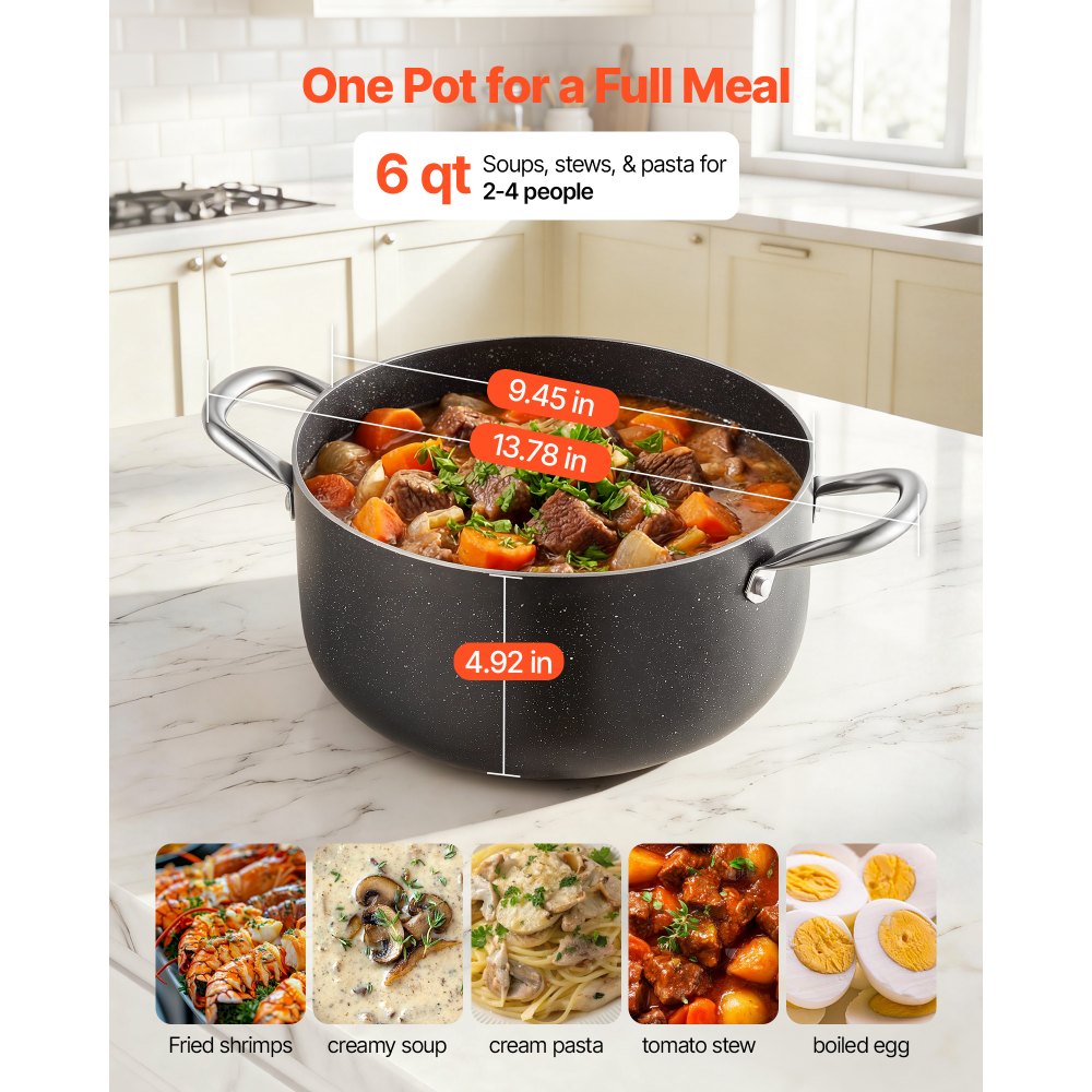 VEVOR Olla de Aleación de Aluminio Capacidad de 5,7 L, Olla con Revestimiento Cerámico, Tapa de Vidrio, Base de 2 Capas y Asas Soldadas Reforzadas, Fácil de Transportar, Ideal para Sopas, Guisos