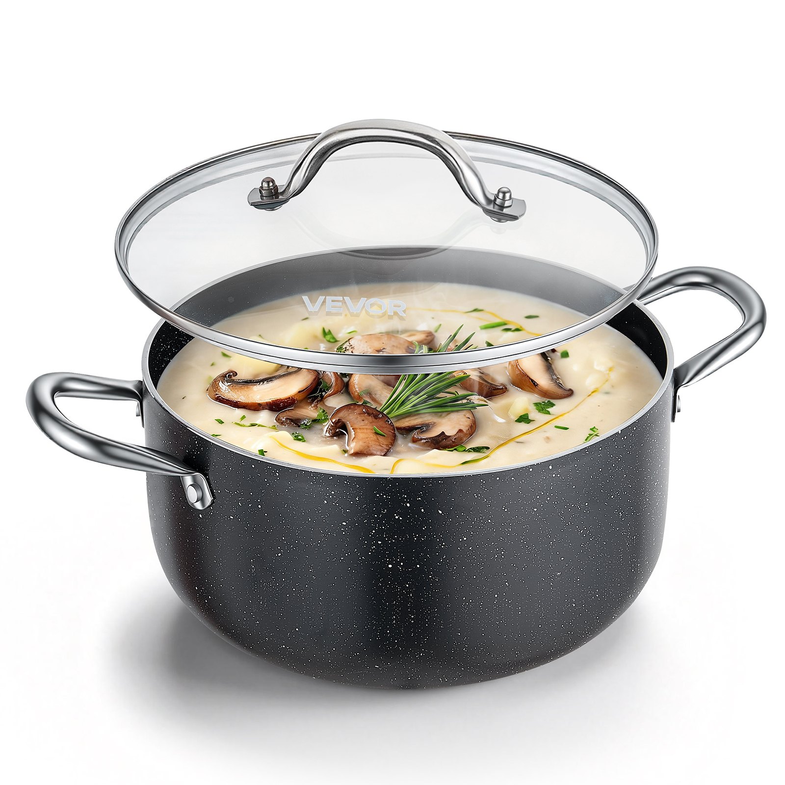 VEVOR Olla de Aleación de Aluminio Capacidad de 5,7 L, Olla con Revestimiento Cerámico, Tapa de Vidrio, Base de 2 Capas y Asas Soldadas Reforzadas, Fácil de Transportar, Ideal para Sopas, Guisos