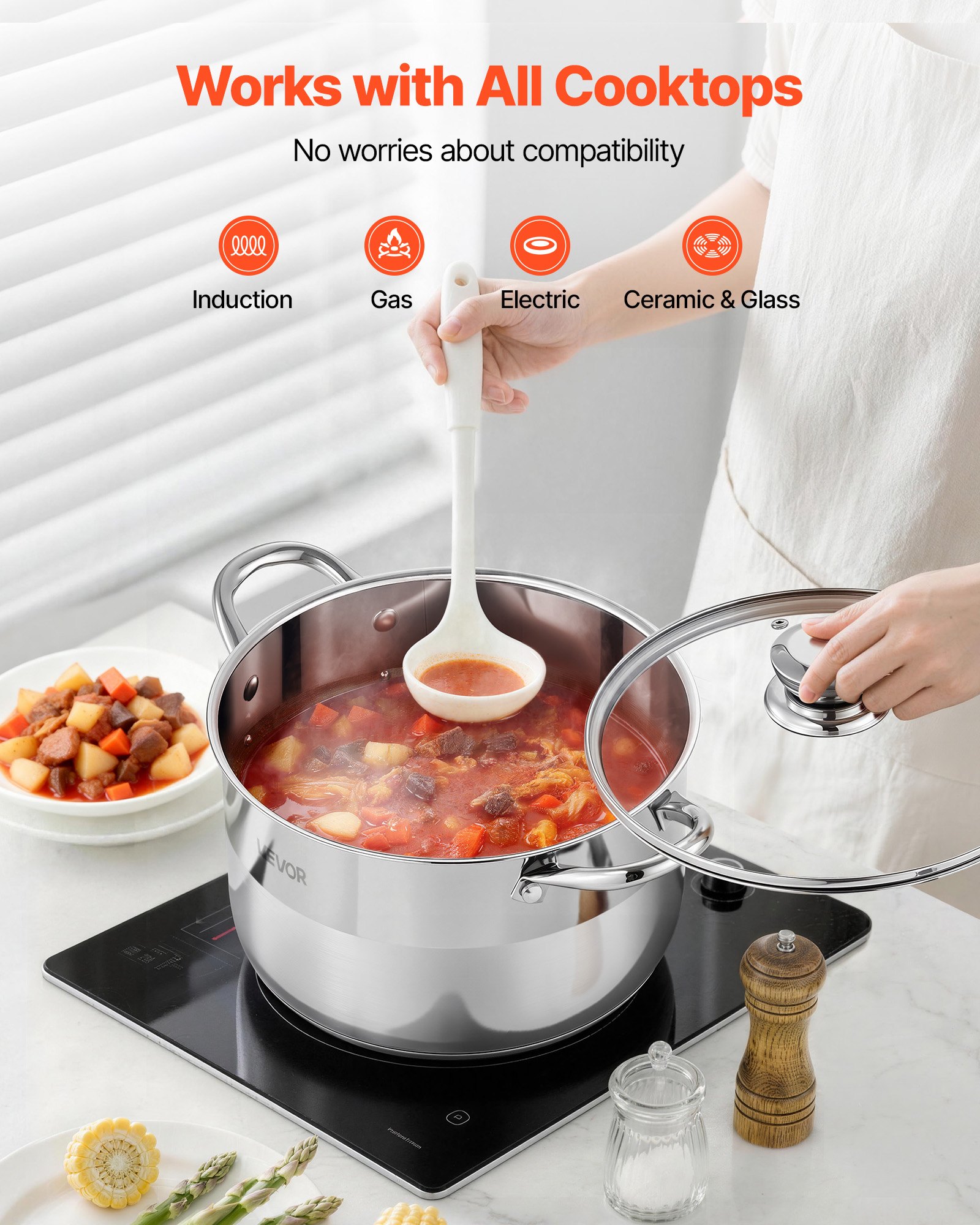 VEVOR Olla de Acero Inoxidable Capacidad de 7,6 L, Olla con Tapa de Vidrio y Asas Diametro de 24 cm, Ligero para Transportar, con Base de 5 Capas, Grande y Resistente, Ideal para Sopas, Guisos