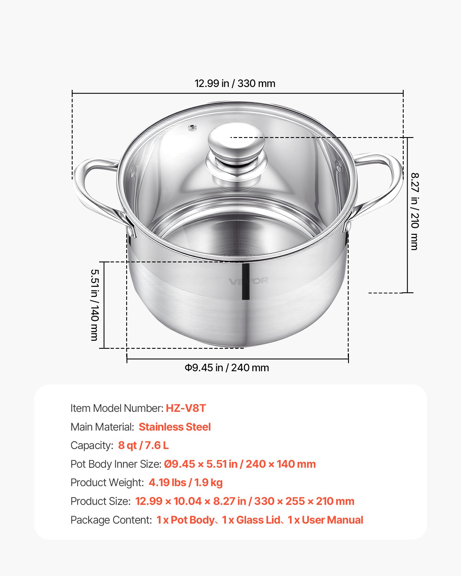 VEVOR Olla de Acero Inoxidable Capacidad de 7,6 L, Olla con Tapa de Vidrio y Asas Diametro de 24 cm, Ligero para Transportar, con Base de 5 Capas, Grande y Resistente, Ideal para Sopas, Guisos