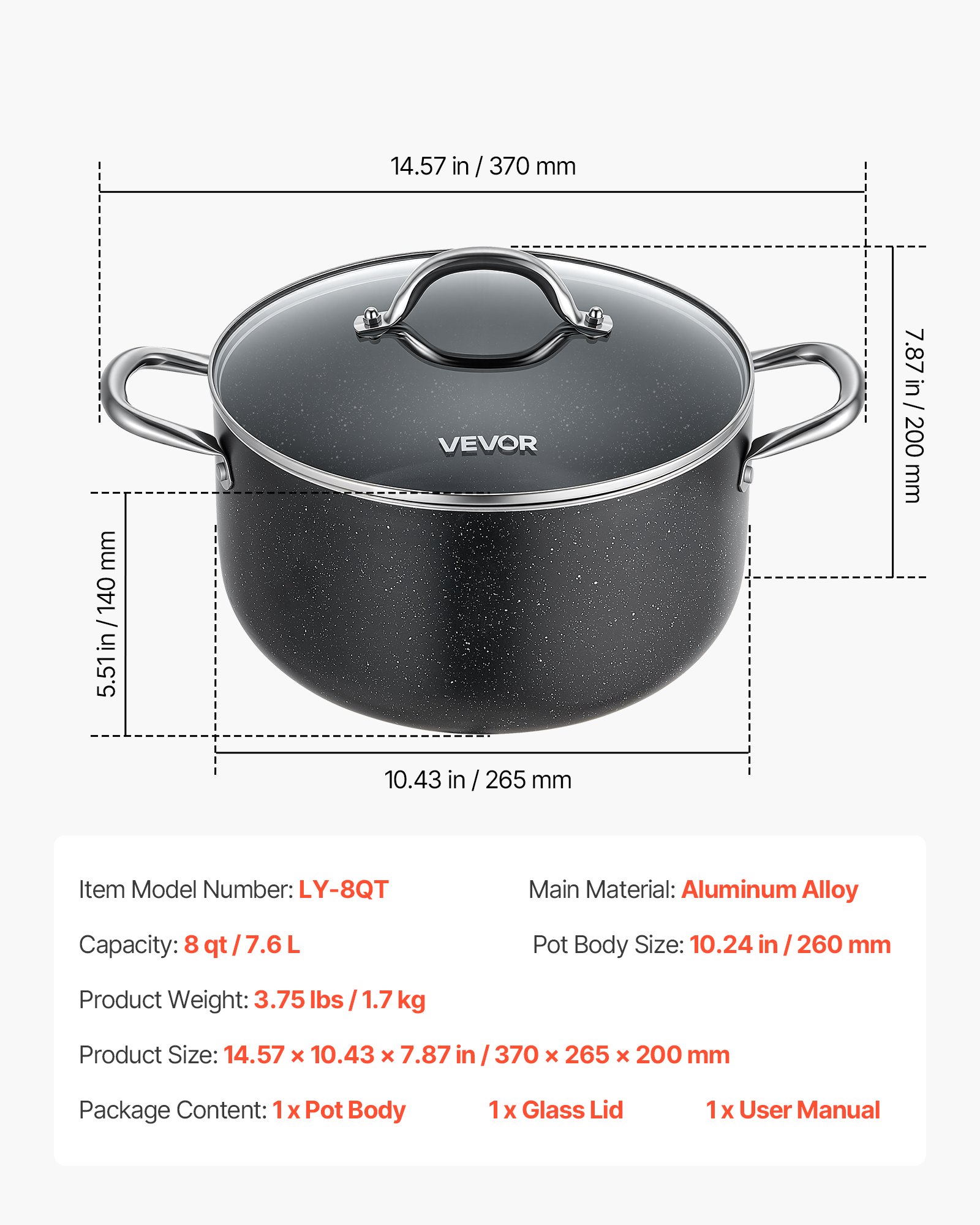 VEVOR Olla de Aleación de Aluminio Capacidad de 7,6 L, Olla con Revestimiento Cerámico, Tapa de Vidrio, Base de 2 Capas y Asas Soldadas Reforzadas, Fácil de Transportar, Ideal para Sopas, Guisos