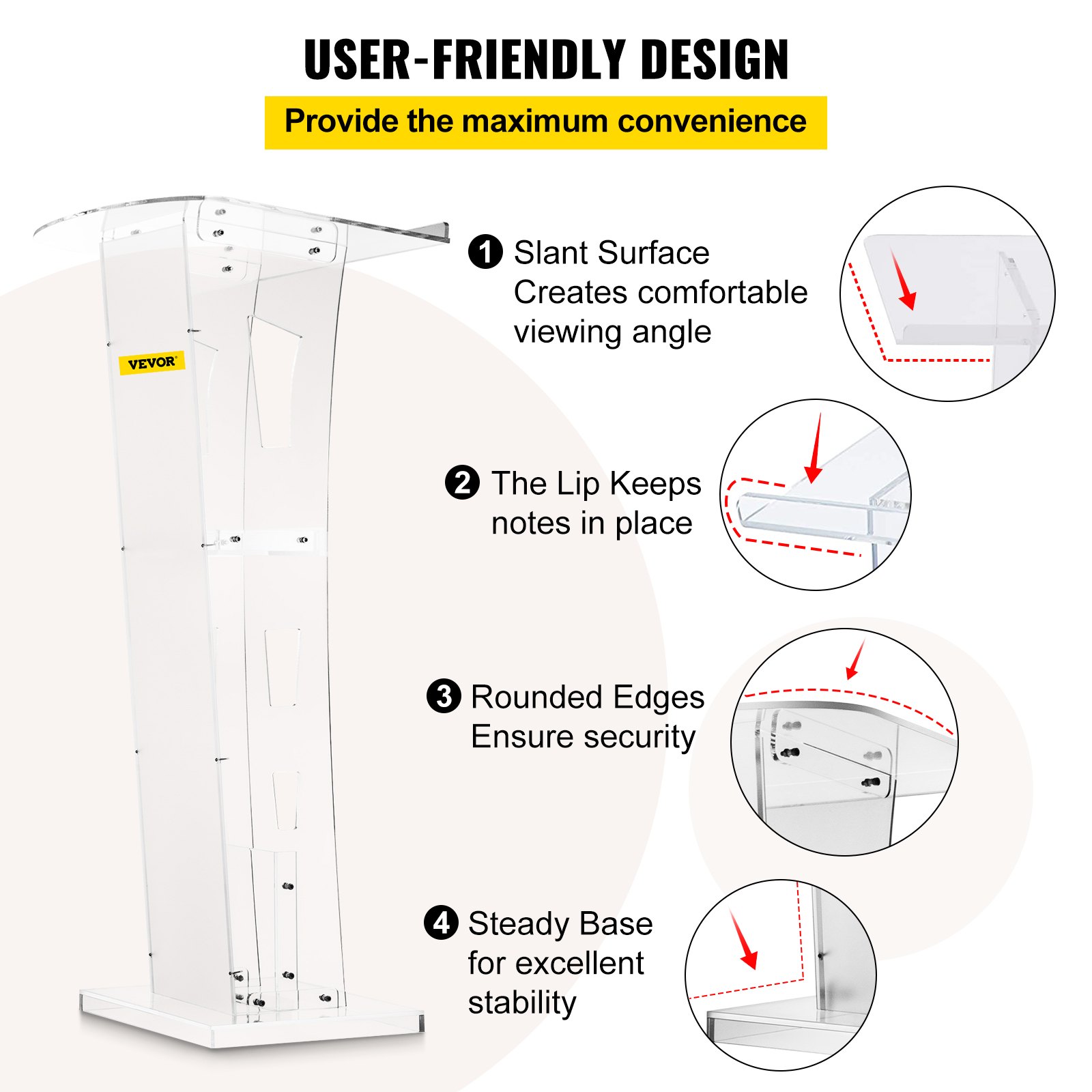 Vevor Púlpito De Acrílico Podio Acrílico Iglesia 114,3 Cm Mesa 68 X 38 Cm 8 Mm