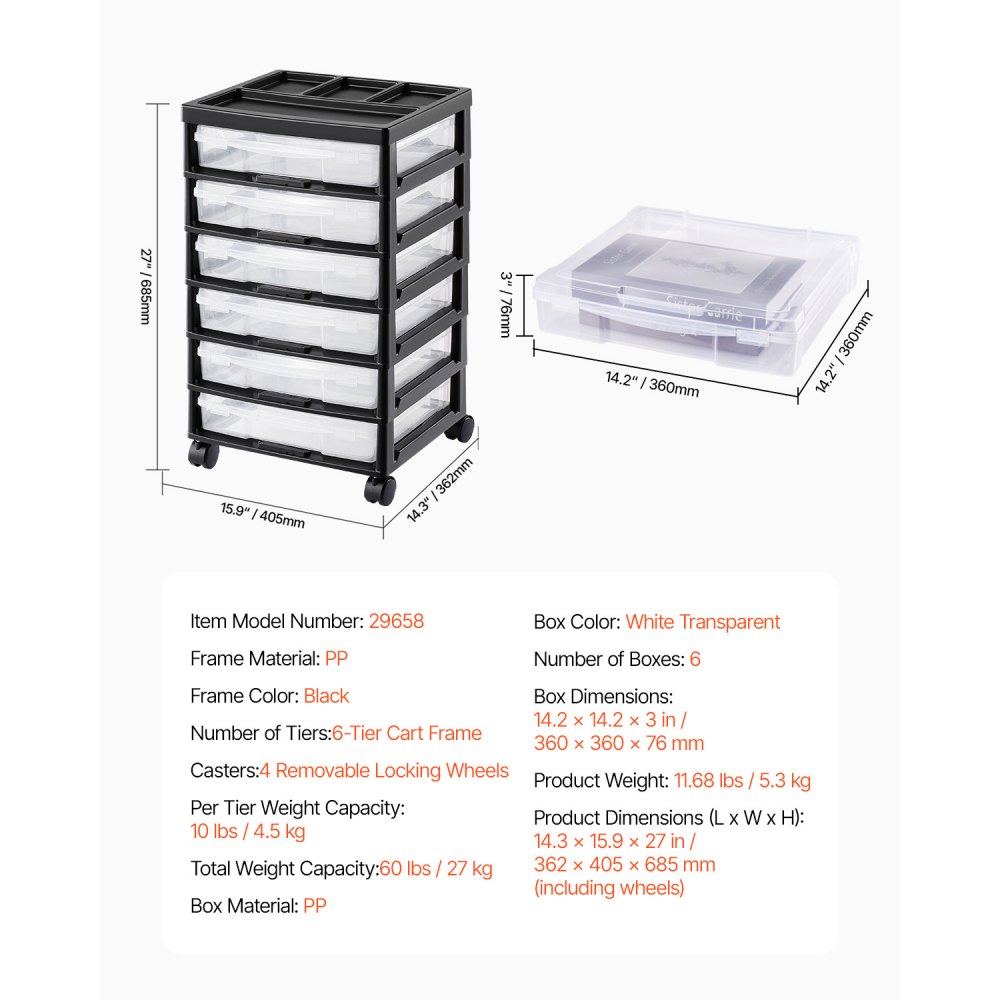 VEVOR Carrito de Almacenamiento con Ruedas para Álbumes de Recortes 6 Niveles con Organizador Superior con 6 Estuches Transparentes y 4 Ruedas Extraíbles para Suministros de Arte, Marco Negro