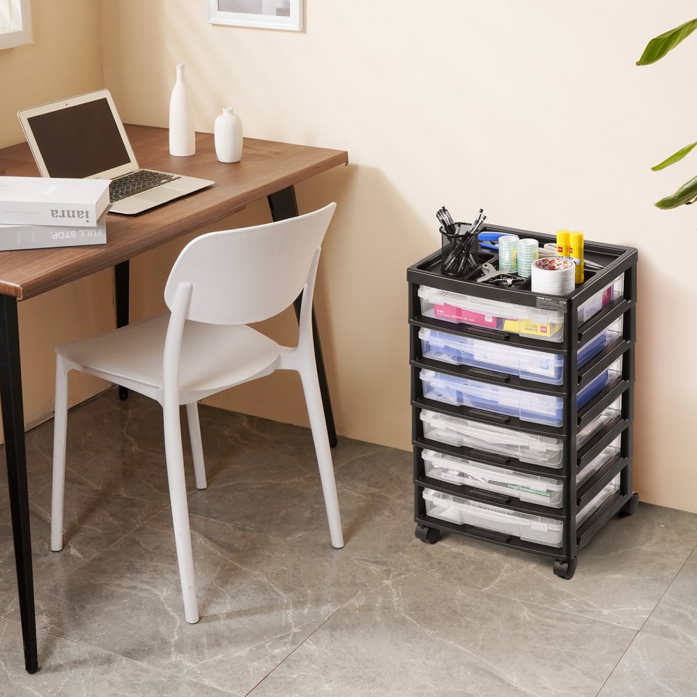 VEVOR Carrito de Almacenamiento con Ruedas para Álbumes de Recortes 6 Niveles con Organizador Superior con 6 Estuches Transparentes y 4 Ruedas Extraíbles para Suministros de Arte, Marco Negro