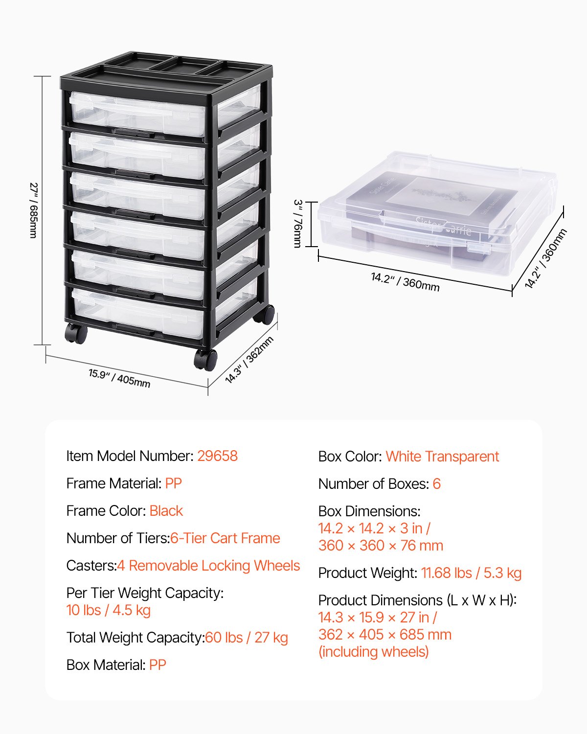 VEVOR Carrito de Almacenamiento con Ruedas para Álbumes de Recortes 6 Niveles con Organizador Superior con 6 Estuches Transparentes y 4 Ruedas Extraíbles para Suministros de Arte, Marco Negro
