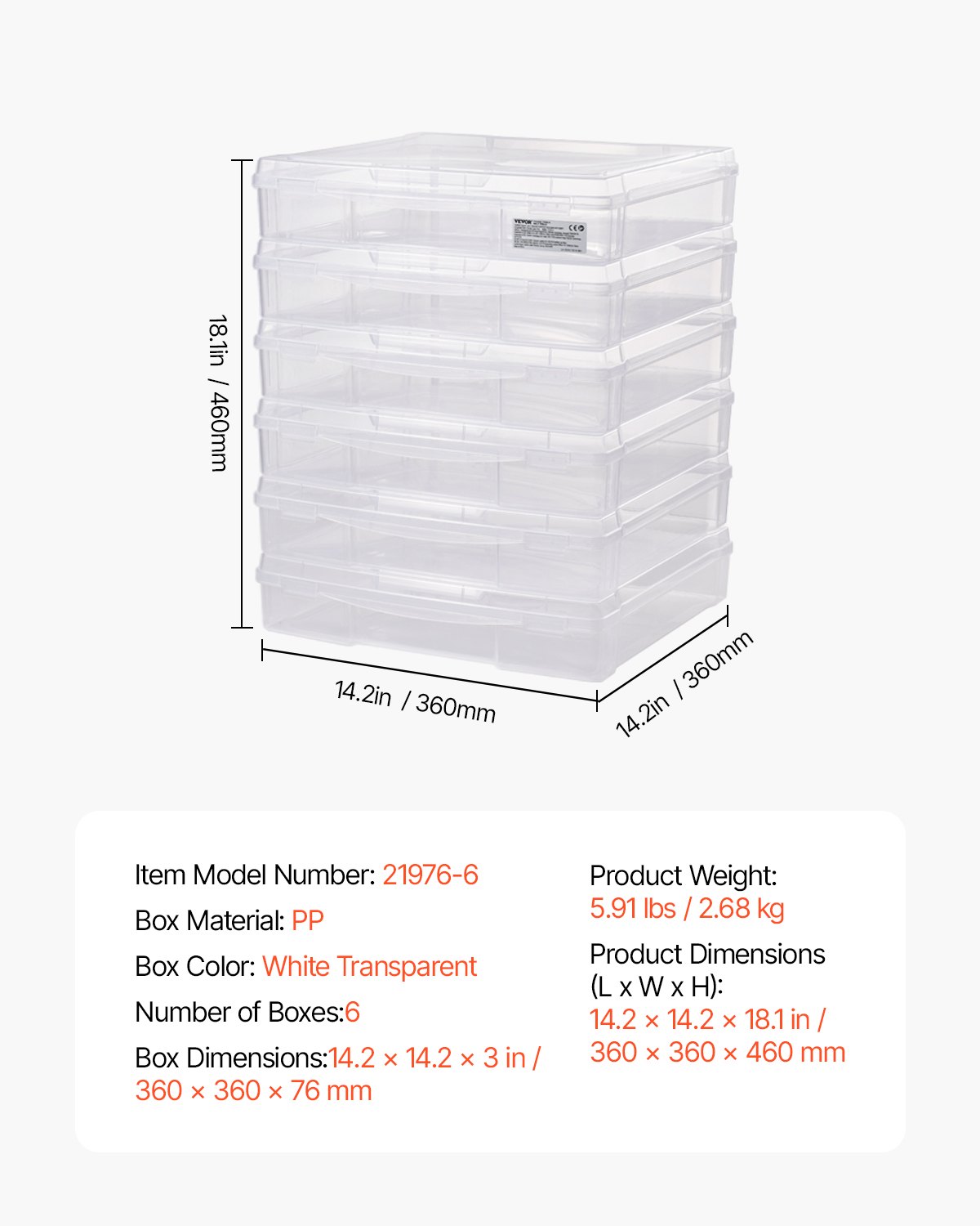 VEVOR Cajas de Plástico Apilables para Guardar Papel de Álbum de Recortes 6 Piezas Transparentes con Esquinas Redondeadas y Cierres Dobles para Artículos Esenciales de Oficina, Herramientas