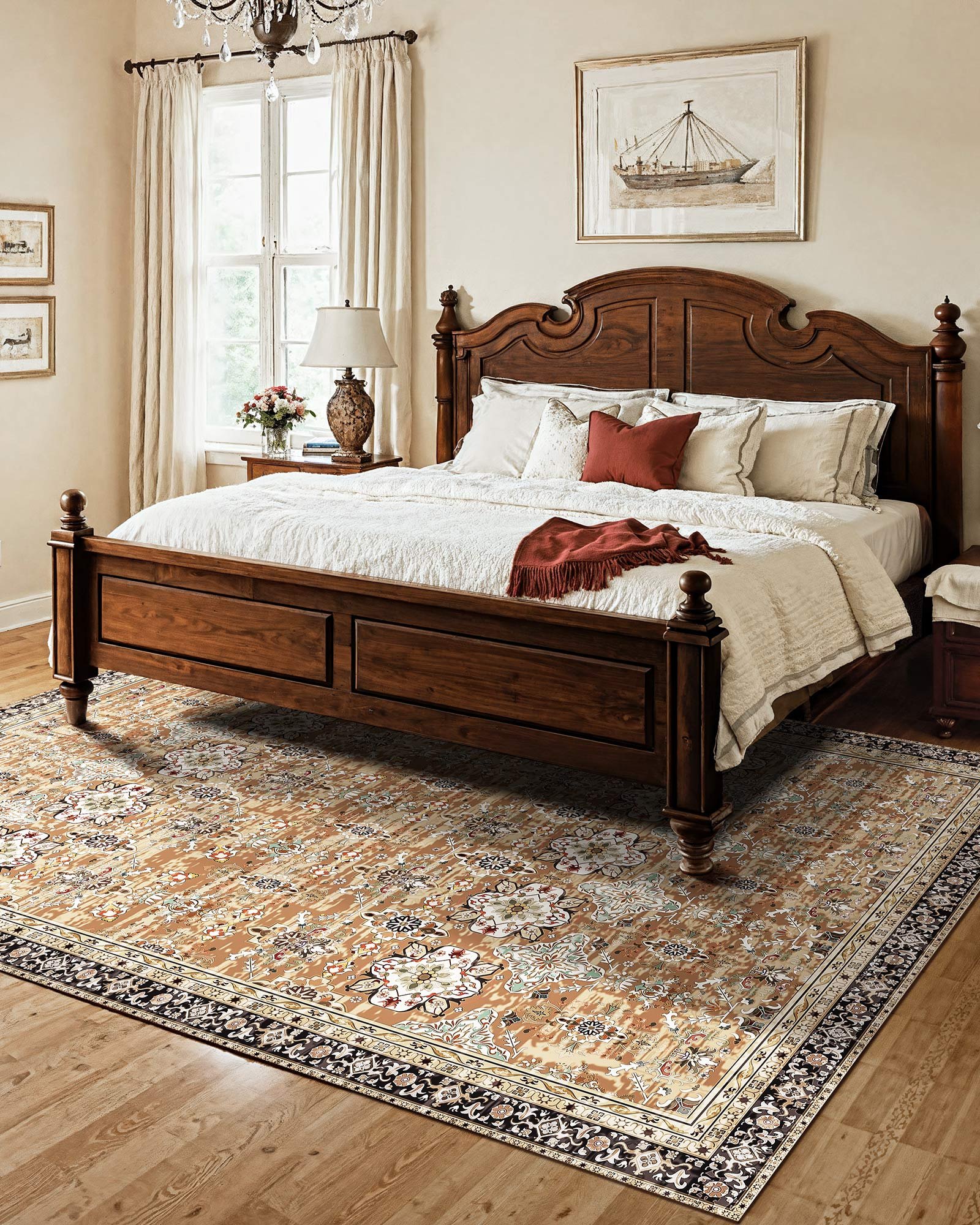 VEVOR Living Room Rug 2286x2896 mm, Short Pile, Washable Area Rug, Non-Slip Rug, Vintage Indoor Mat for Bedroom, Living Room, Office, Entrance Area, Brown-Green