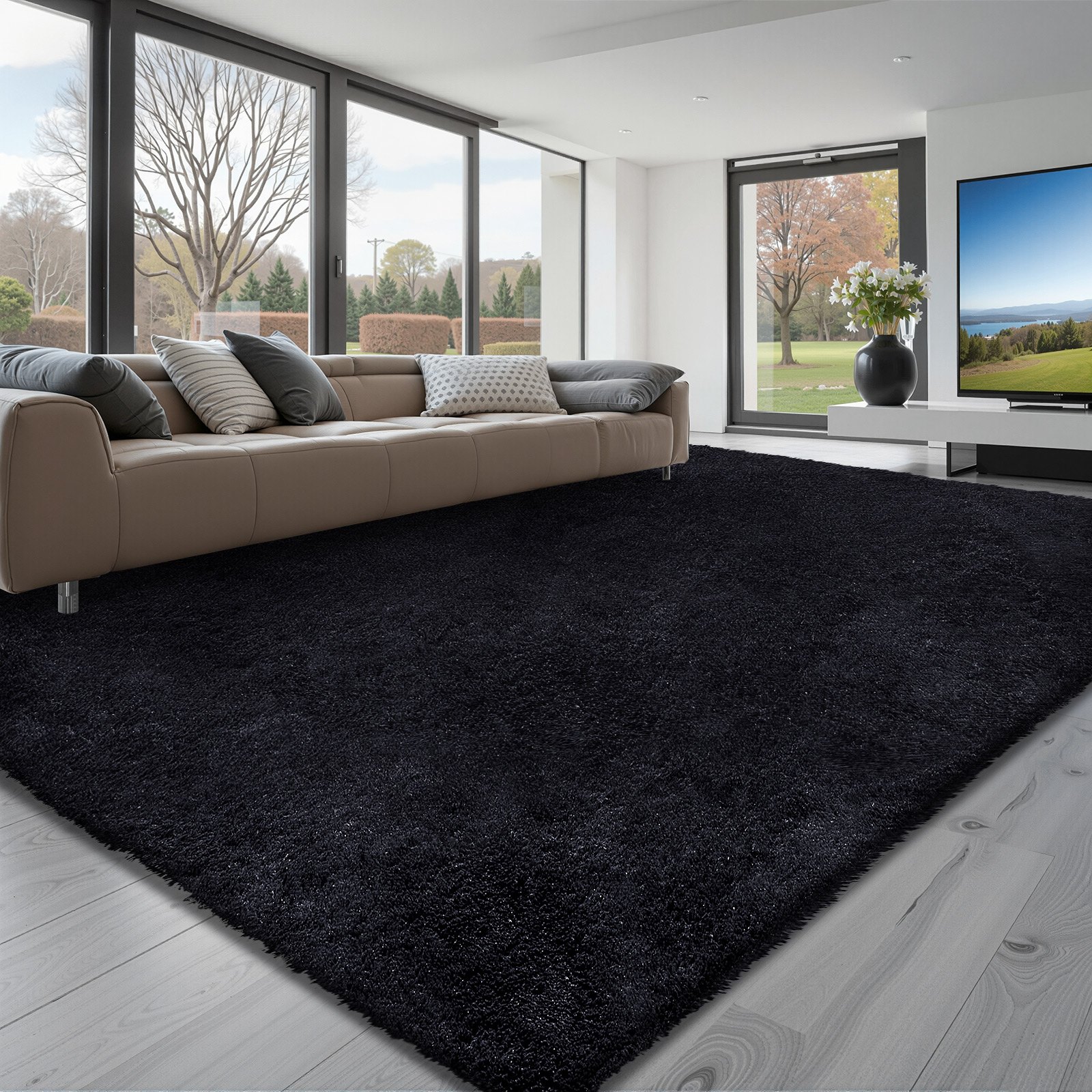 VEVOR Alfombra de Pelo Largo de 3048 x 2438 mm, Mullida, de Triple Capa, 35 mm de Altura, para Salón, Dormitorio y Salón, Suave y sin Pelusa, de Estilo Atemporal, Fácil de Limpiar, Color Negro