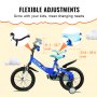 Bicicleta de equilibrio VEVOR para niños pequeños con ajustes flexibles, marco azul, asiento extendido y detalles del manillar.