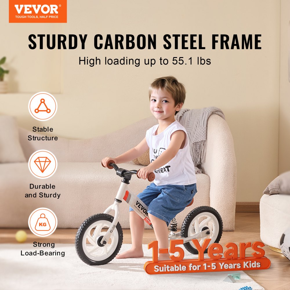 VEVOR balance bike for toddlers, 12-inch carbon steel children's bicycle with adjustable seat and handlebars, EVA foam tires, pedal-free balance bike, gift for boys and girls aged 1-5 years, 25 kg weight capacity