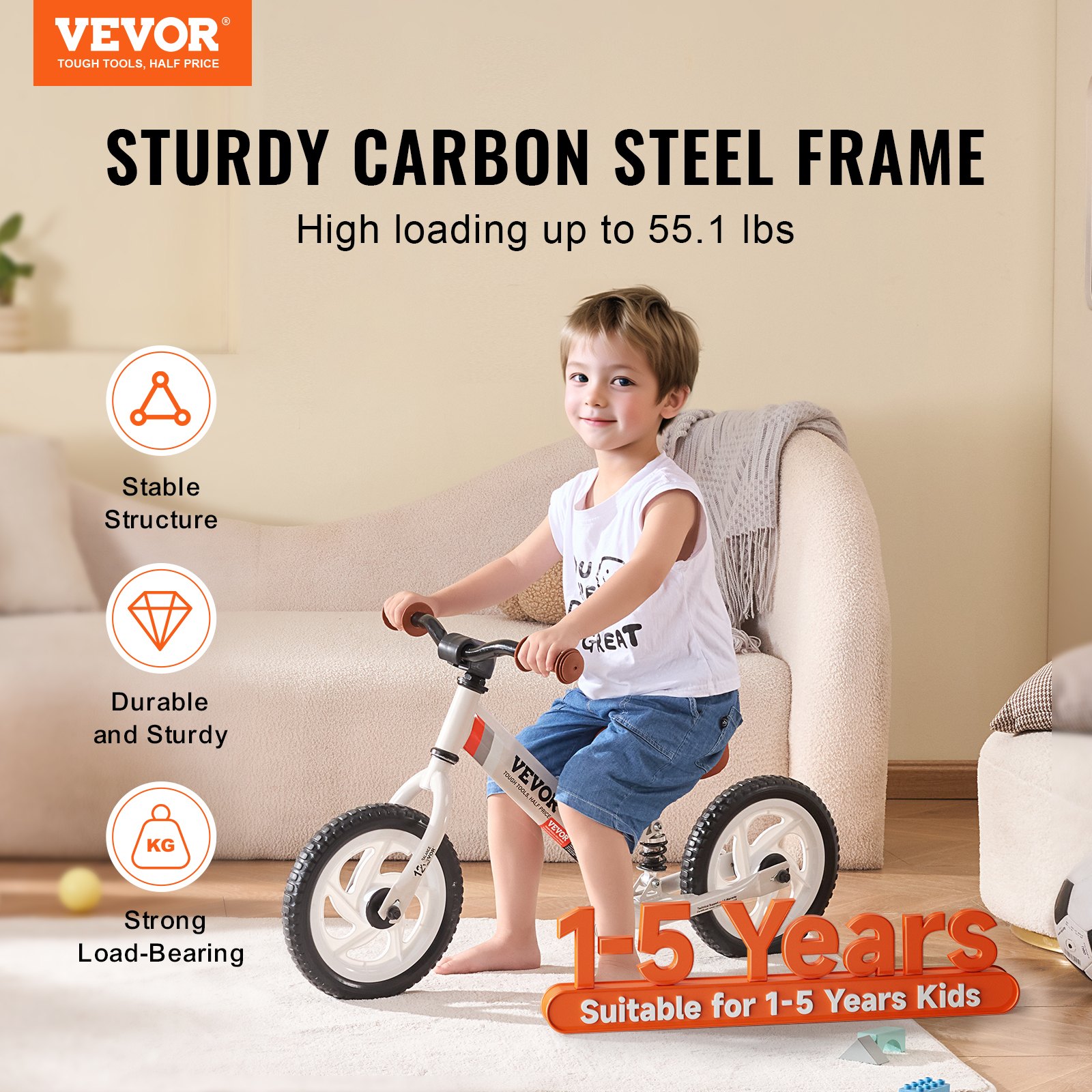 VEVOR balance bike for toddlers, 12-inch carbon steel children's bicycle with adjustable seat and handlebars, EVA foam tires, pedal-free balance bike, gift for boys and girls aged 1-5 years, 25 kg weight capacity