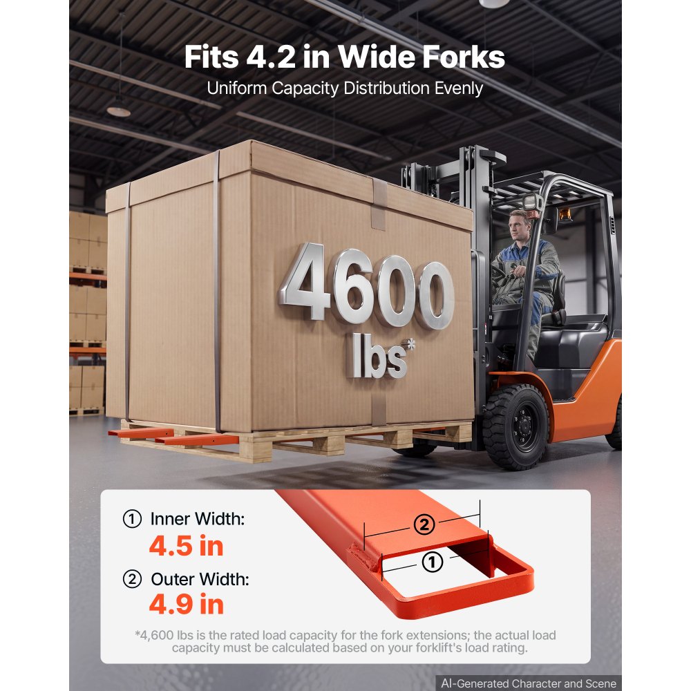 VEVOR Forklift Extensions 2130 x 115 mm, Retaining Loop and Bottom Lock, for Forklifts and Forklift Trucks, Heavy-Duty Industrial Pallet Fork Attachments, Extended Load Handling, Orange, 1 Pair