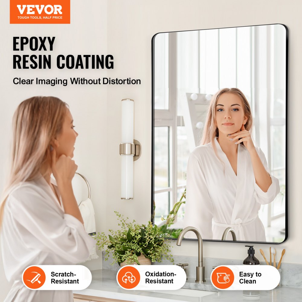 VEVOR Espejo de Maquillaje de Pared, con Marco de Aleación de Aluminio y Película a Prueba de Explosiones, con Soporte en Forma de Z, Apto para Baño, Dormitorio y Sala de Estar, 761 x 558 x 25 mm