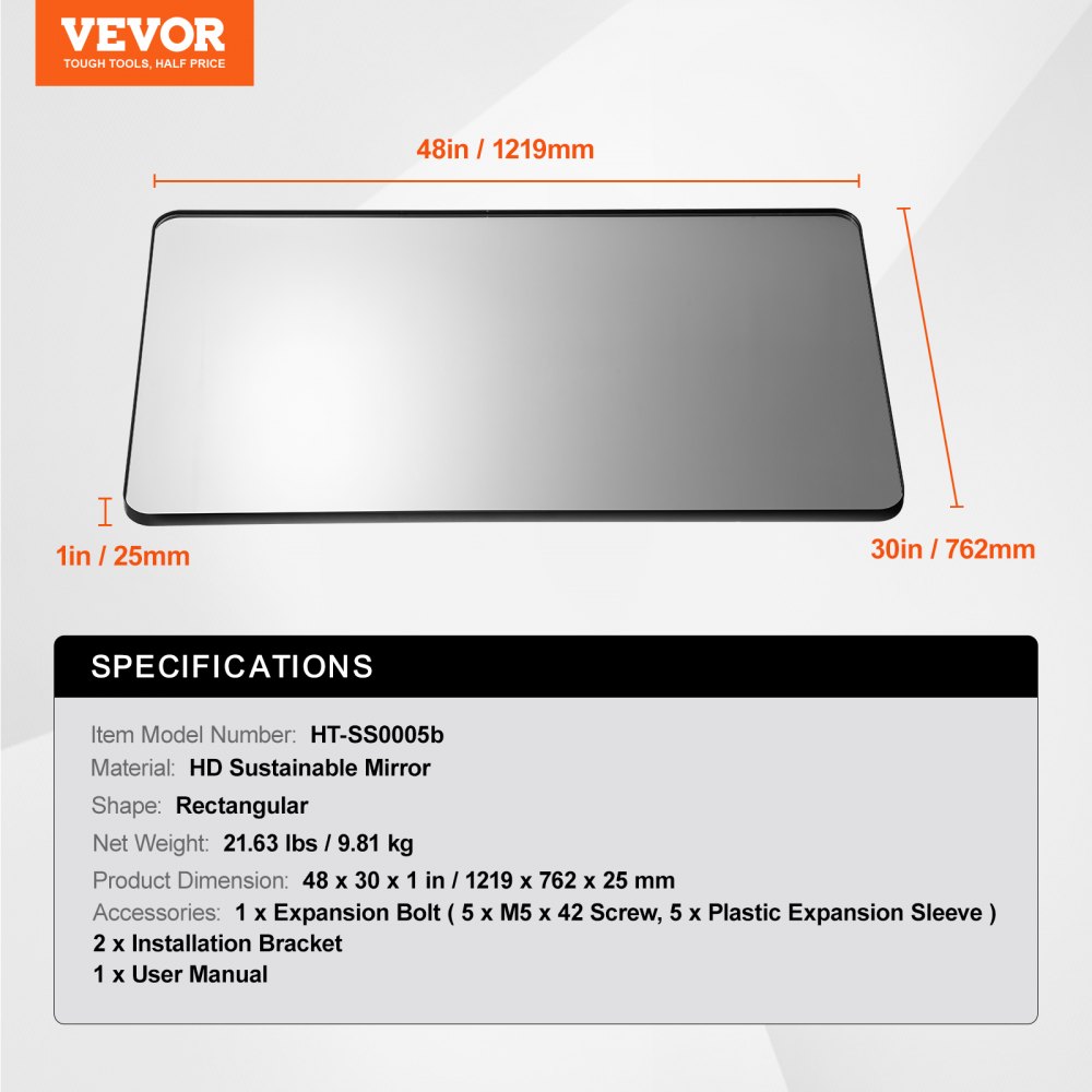 VEVOR Wall Mirror, Makeup Mirror, Bathroom Mirror, 1219 x 762 x 25 mm, Rectangular Mirror, Black Aluminum Alloy Frame, with Z-Shaped Bracket for Bathroom, Bedroom, Living Room