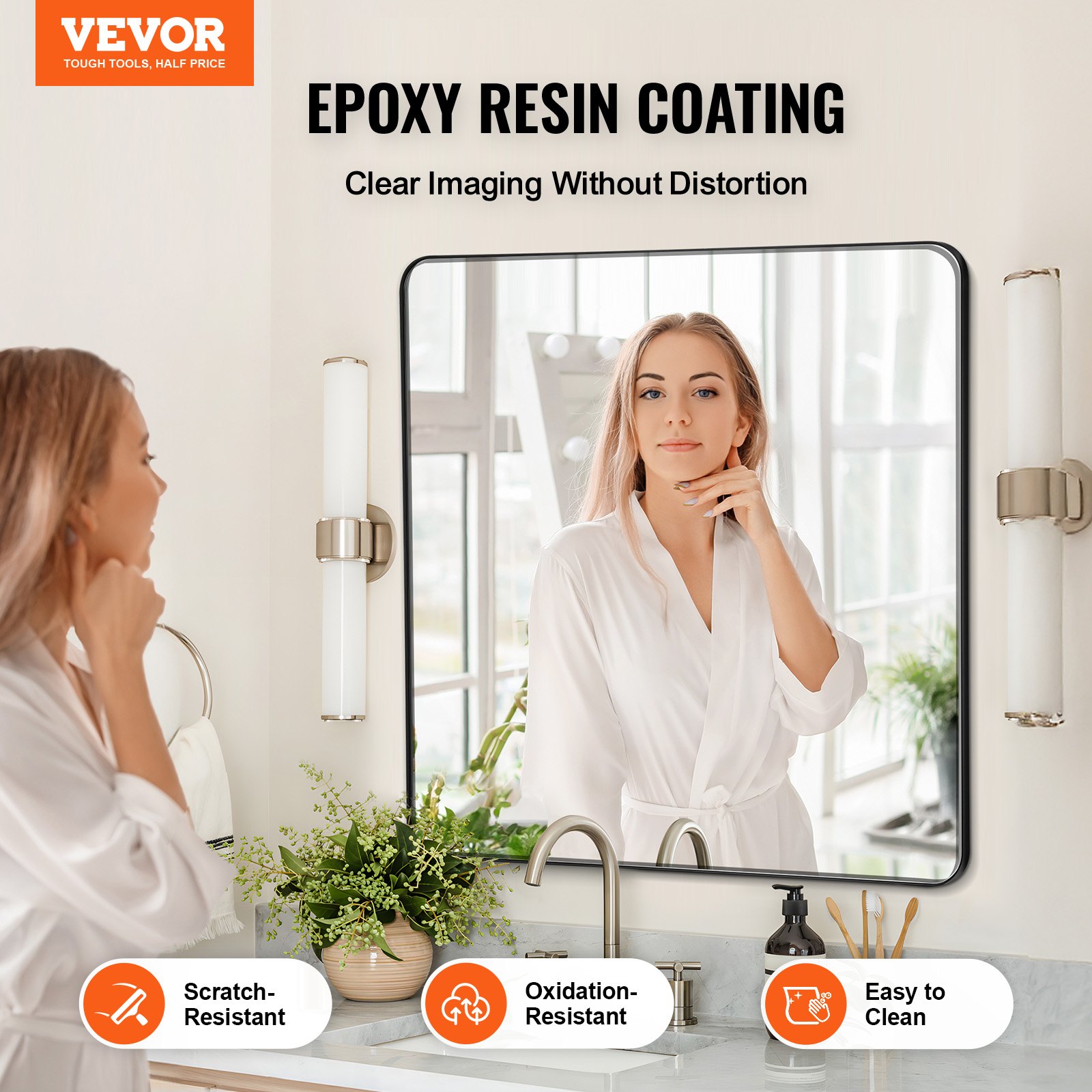 VEVOR Wall Mirror, Makeup Mirror, Bathroom Mirror, 915 x 915 x 25 mm, Black Aluminum Alloy Frame, Mirror with Z-Shaped Bracket for Bathroom, Bedroom, Living Room