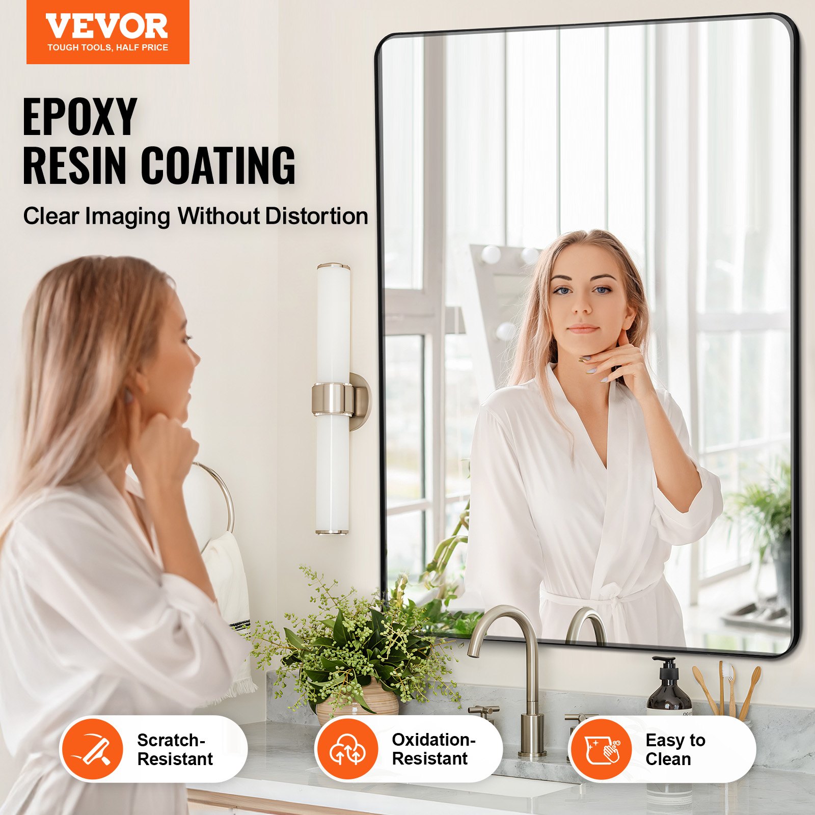 VEVOR Wall Mirror, Makeup Mirror, Bathroom Mirror, 1220 x 916 x 25 mm, Black Aluminum Alloy Frame, Mirror with Z-Shaped Bracket, Suitable for Bathroom, Bedroom, Living Room