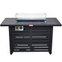 Mesa de fuego a gas VEVOR negra con vidrio de fuego azul, protector de vidrio y perilla de control en el panel frontal.