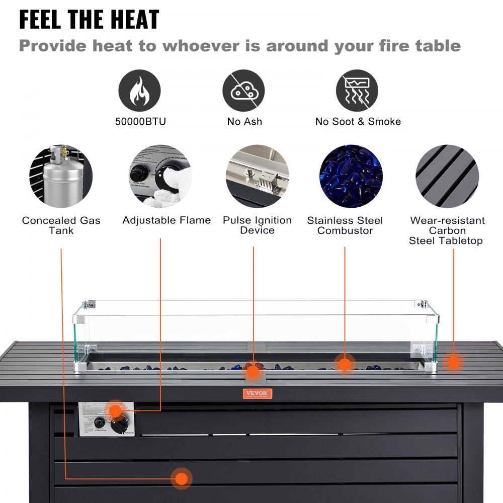 VEVOR Mesa para hoguera de gas propano para exteriores de 54" 50000 BTU con tablero de vidrio y tapa